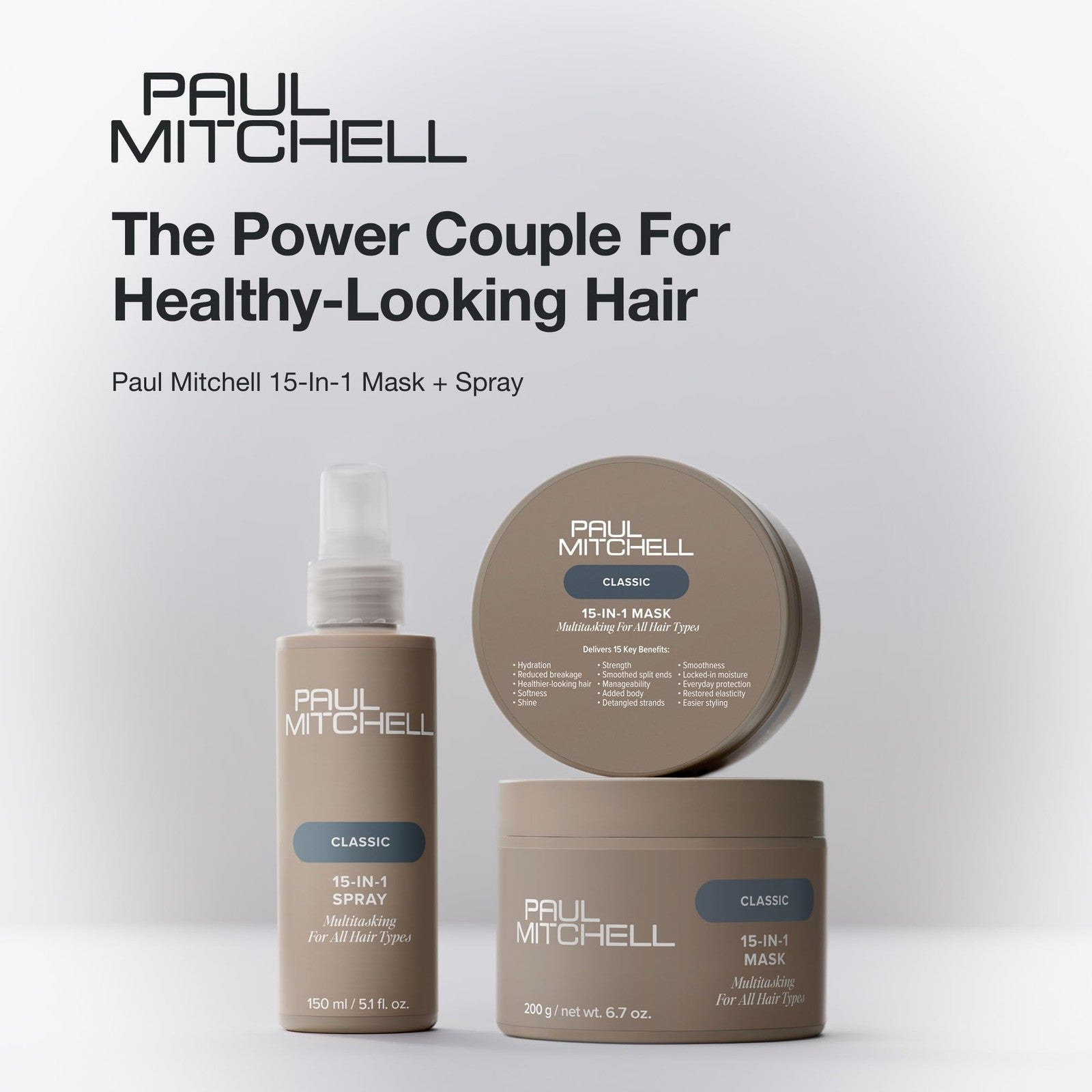 Paul Mitchell 15-in-1 Multitasking Hair Spray in 5.1 fl oz bottle, featuring the spray nozzle and product label.
