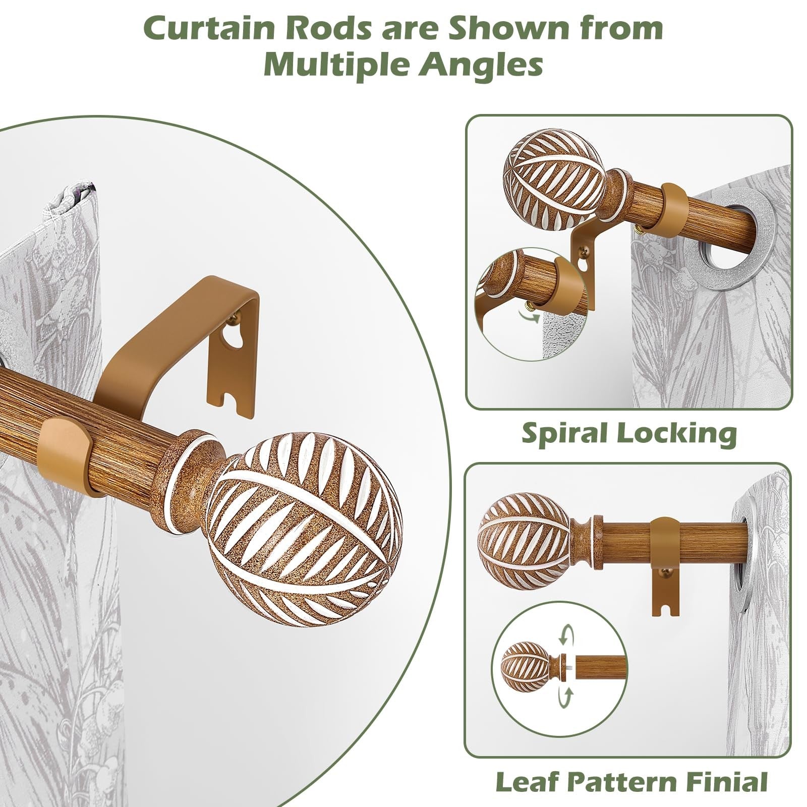 HTZON 2-pack wood curtain rods with decorative finials, adjustable 28-48 inches, suitable for boho-style window decor.
