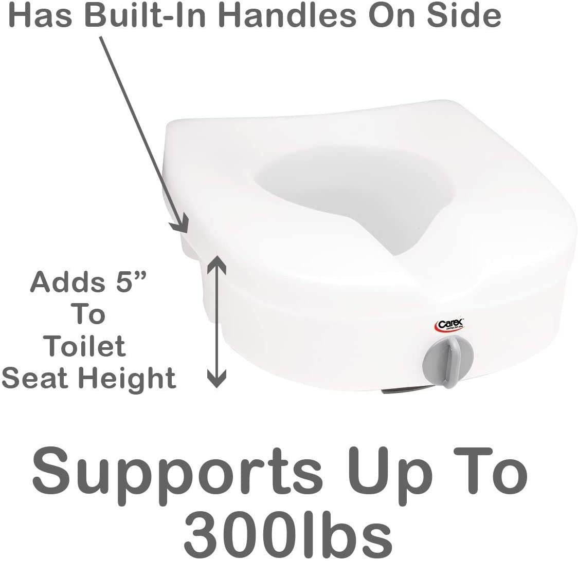 Carex E-Z Lock Raised Toilet Seat with 5-inch height extension, secure attachment, and durable white plastic for added comfort and accessibility.