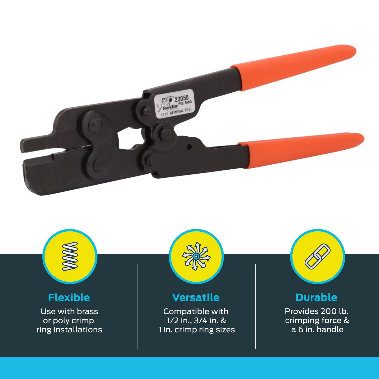 SharkBite Pex crimp ring removal tool for 1/2, 3/4, and 1-inch copper crimp rings, used for plumbing pipe fittings.