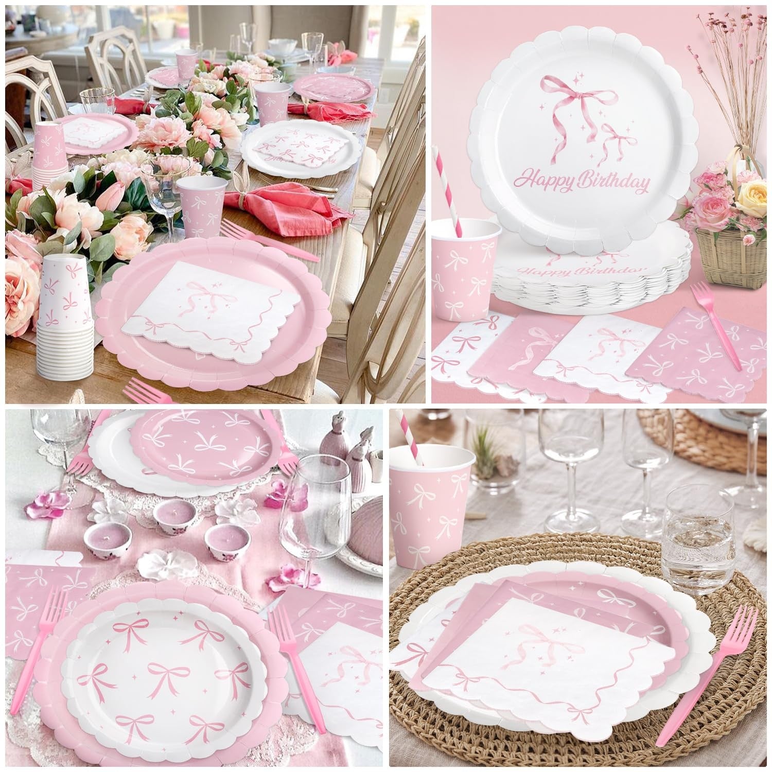 Set of 300 pink bow-themed party plates, cups, napkins, and tableware by Kinovo for coquette birthday celebrations