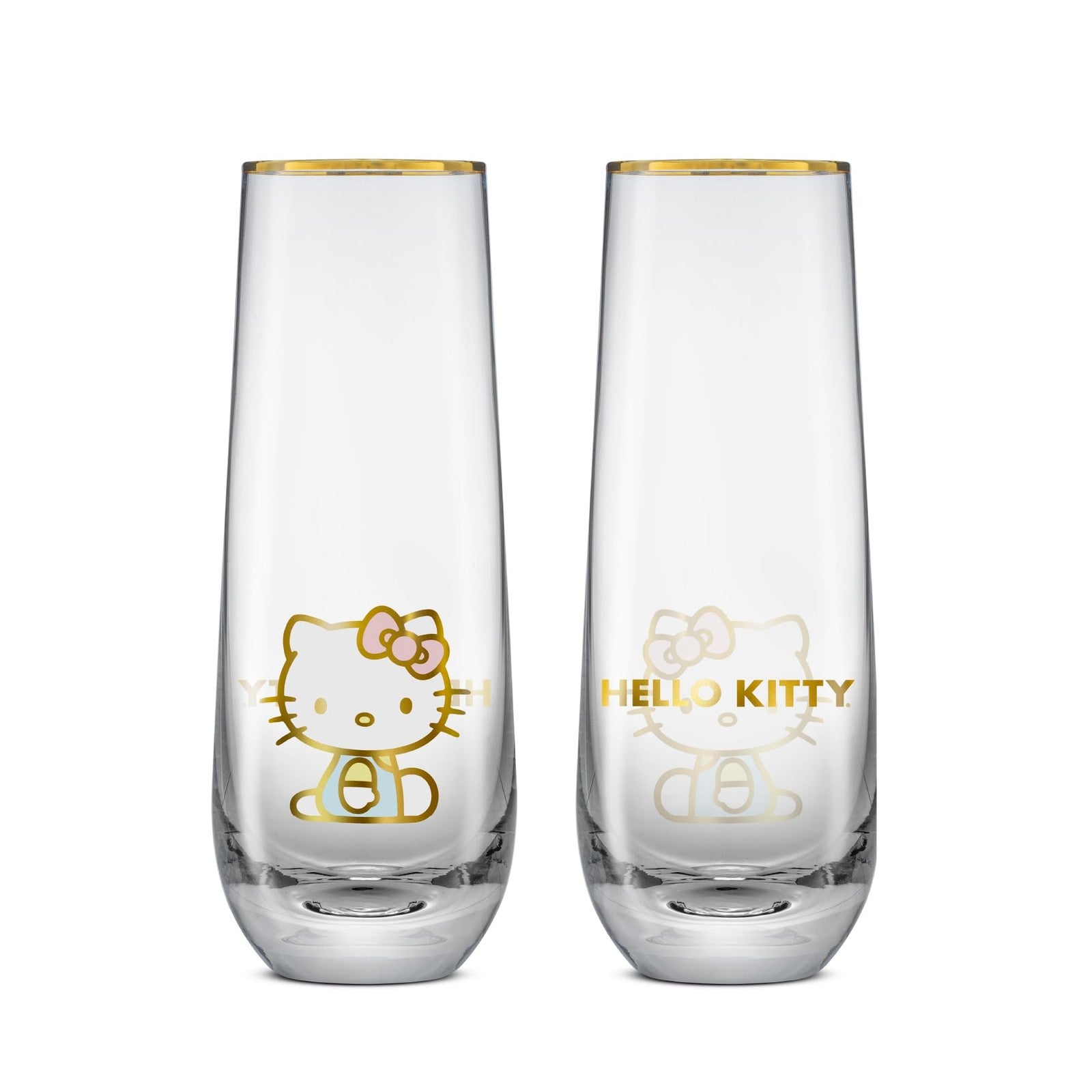 Set of four JoyJolt Hello Kitty Stay Gold stemless flutes, 9.4oz drinking glasses with gold accents and clear glass design.