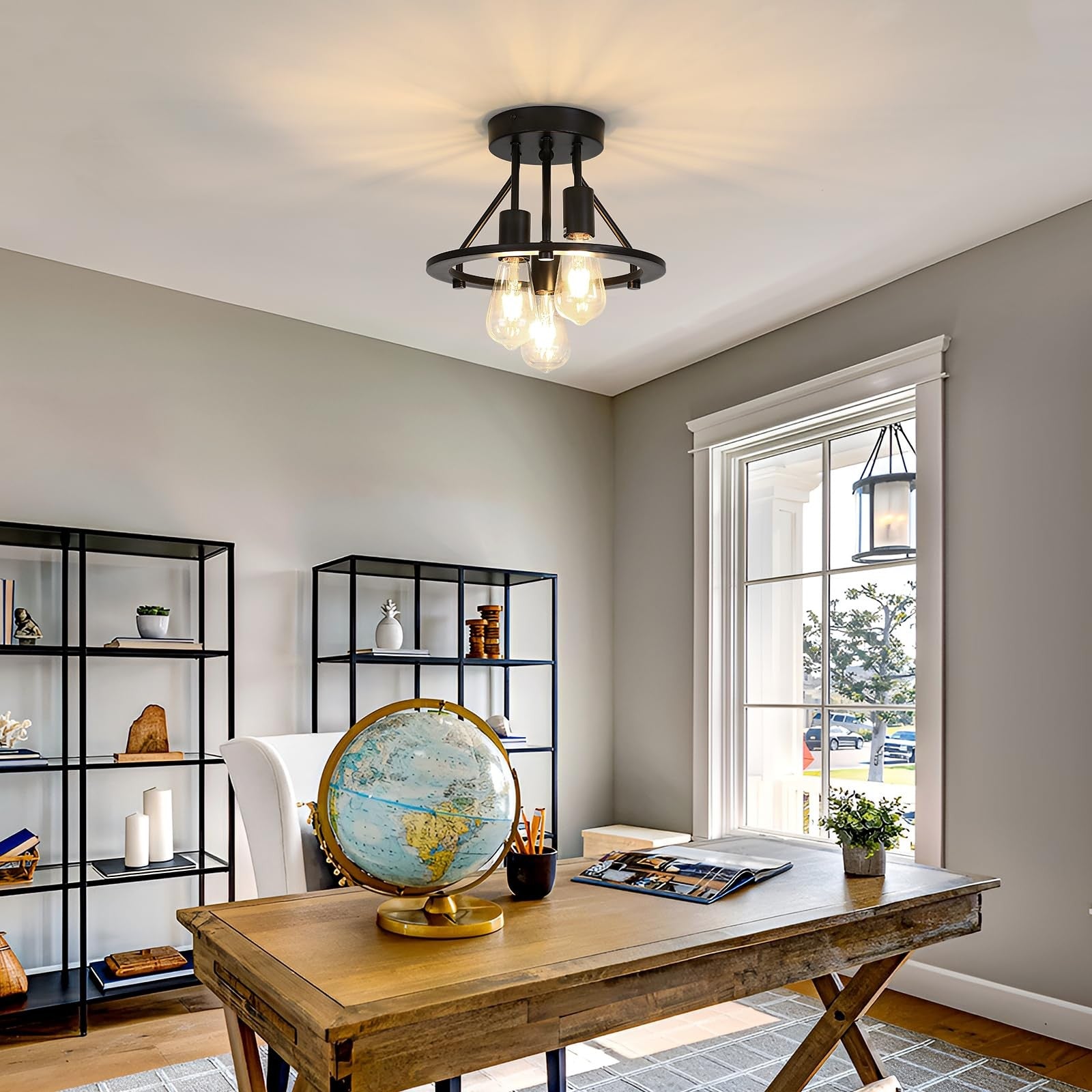 Qgiytp semi-flush mount ceiling light fixture with three matte black lights, modern design, suitable for indoor lighting.