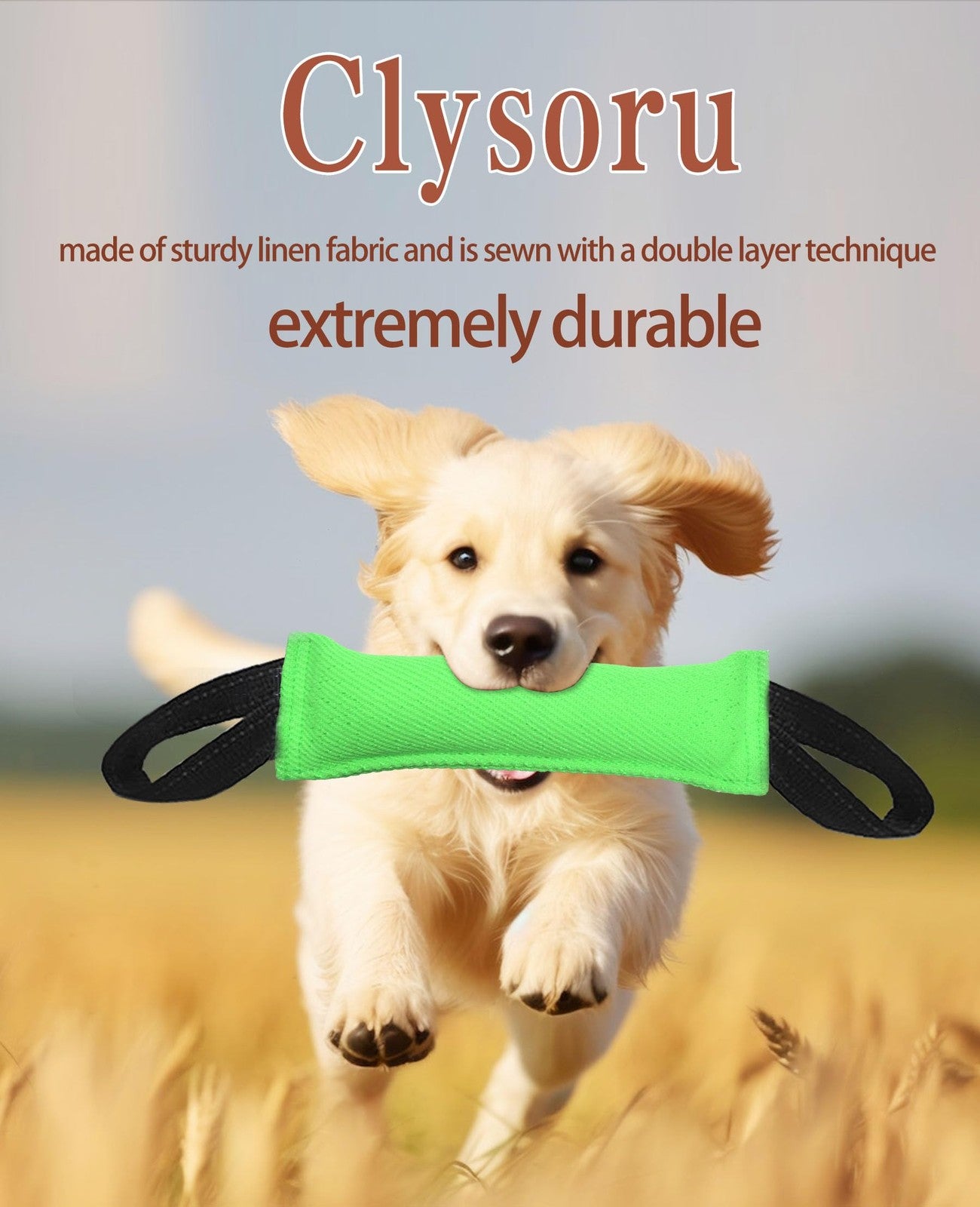 Clysoru dog tug toy double pack with tough jute bite pillow for training and play, suitable for puppies and active dogs.