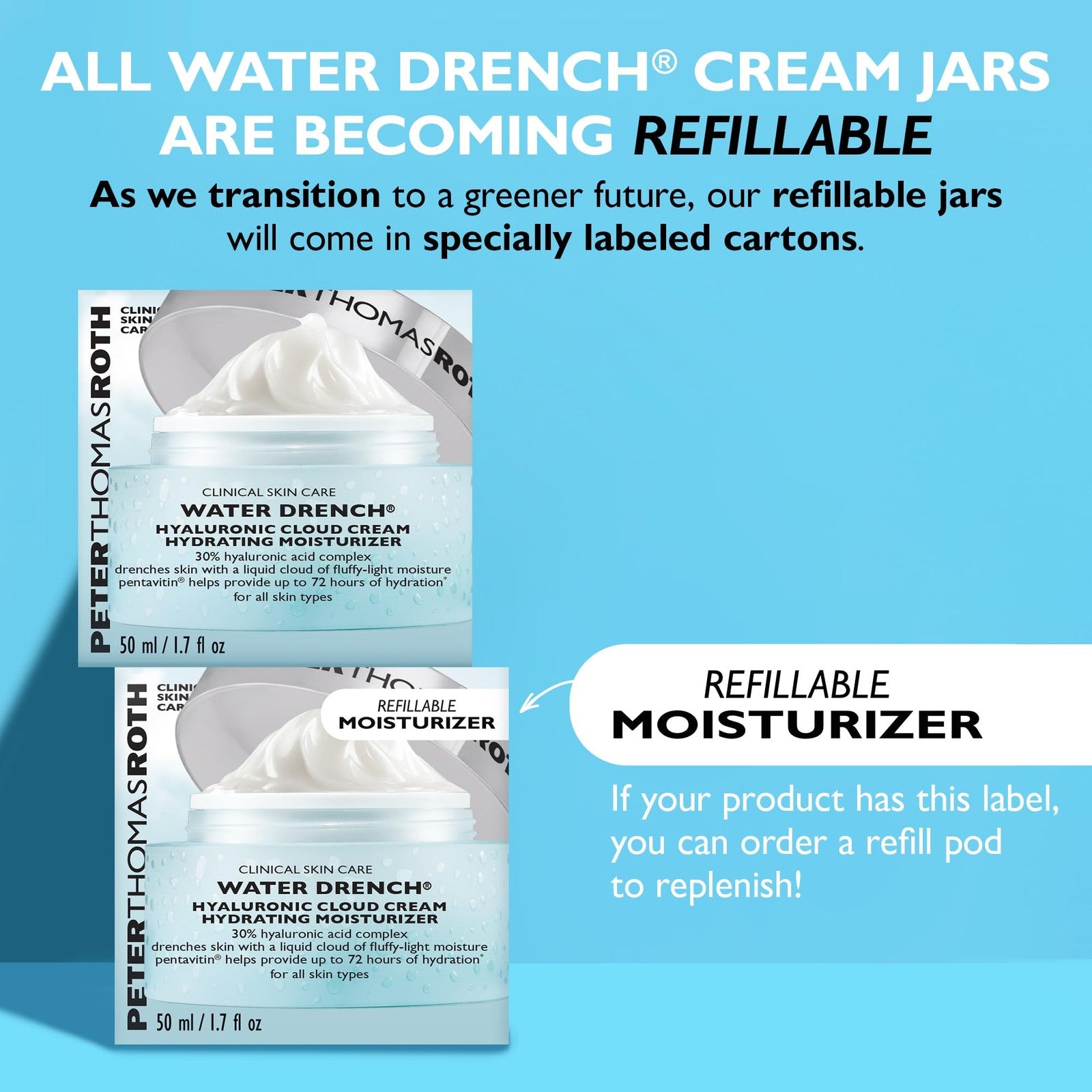 Peter Thomas Roth Water Drench Hyaluronic Cloud Cream moisturizer with a light, hydrating texture in a white jar.