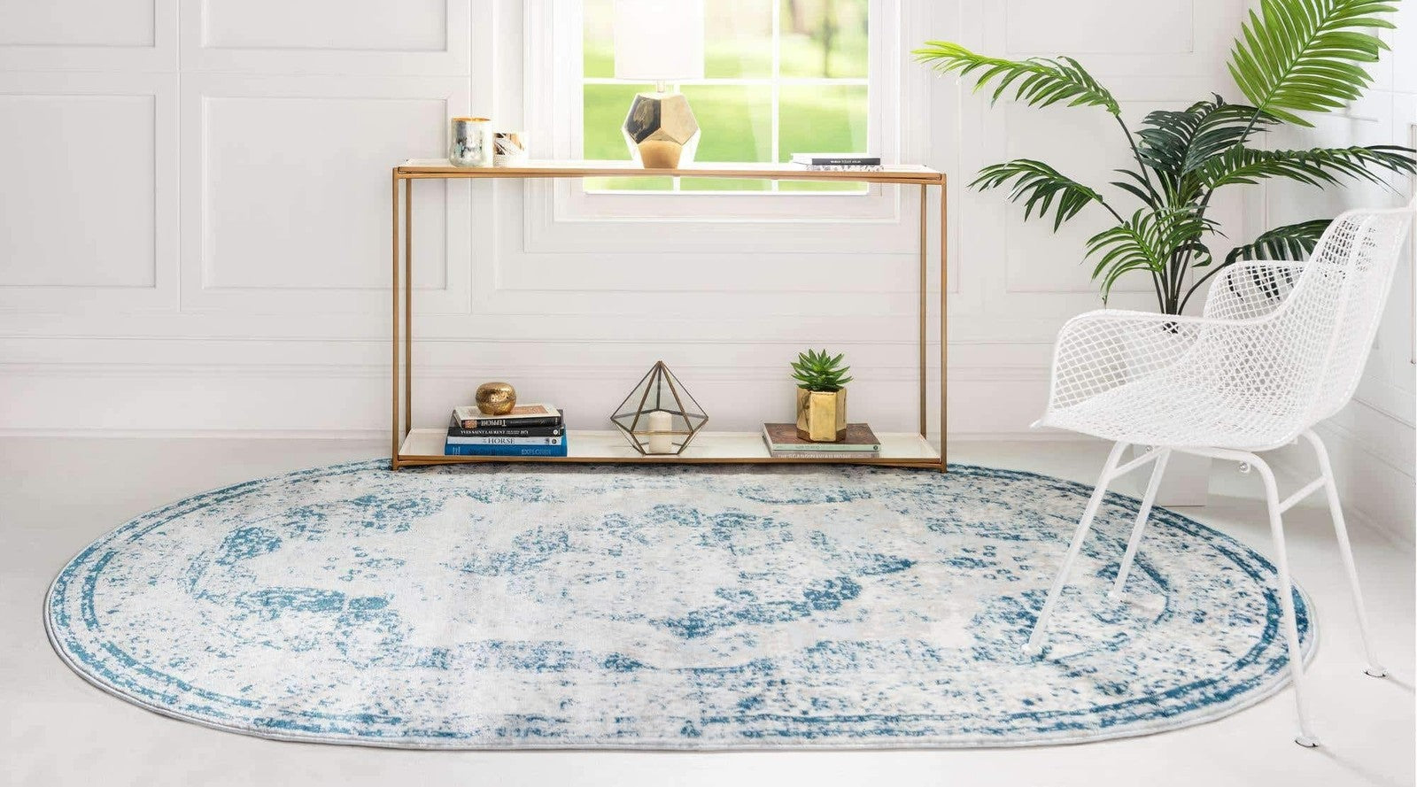 Unique Loom Sofia Collection oval area rug with blue and ivory floral pattern, 8x10 size, decorative and elegant home accent.