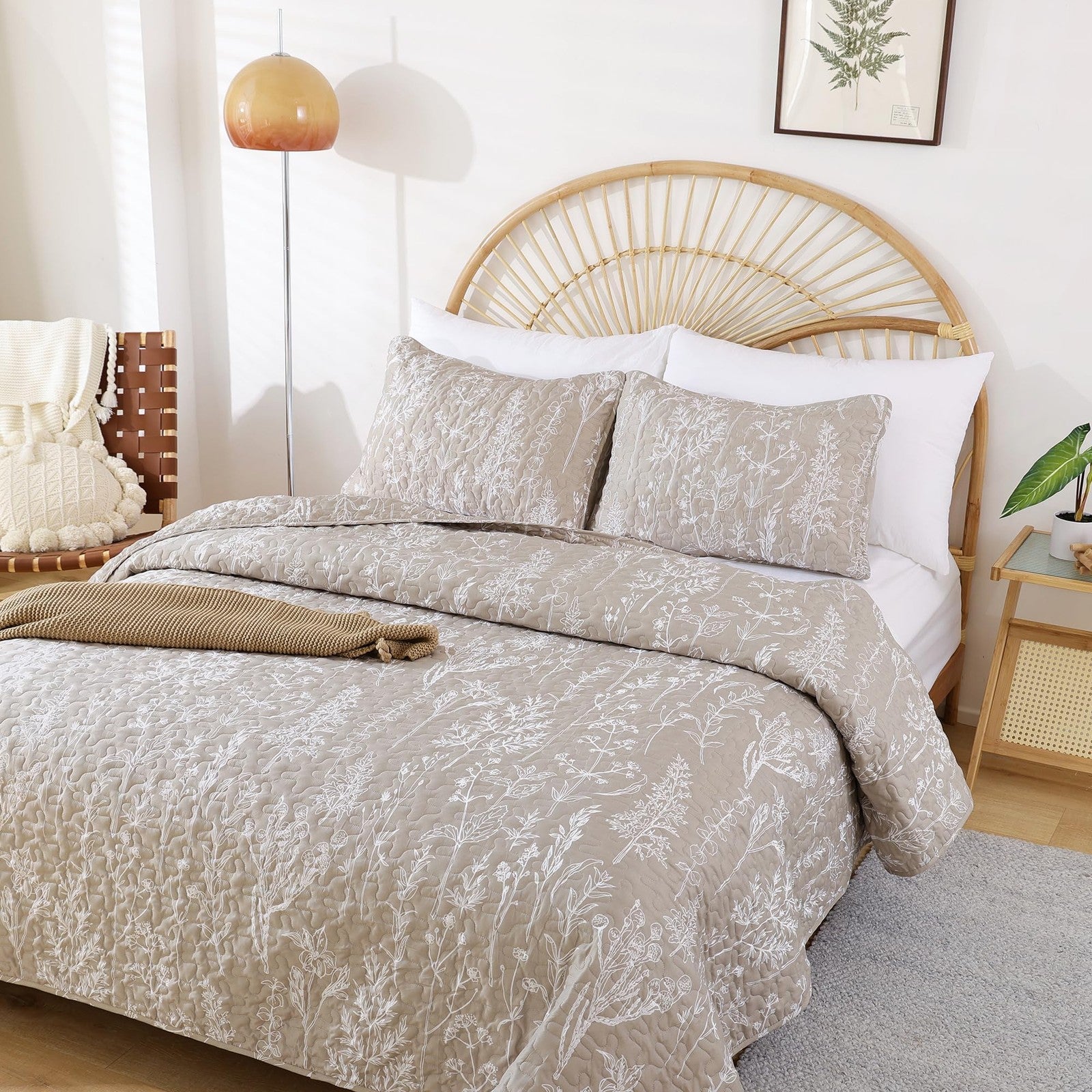 JANZAA twin oatmeal floral microfiber quilt bed spread set with boho design, showing the cozy, patterned microfibre bedding on a bed.