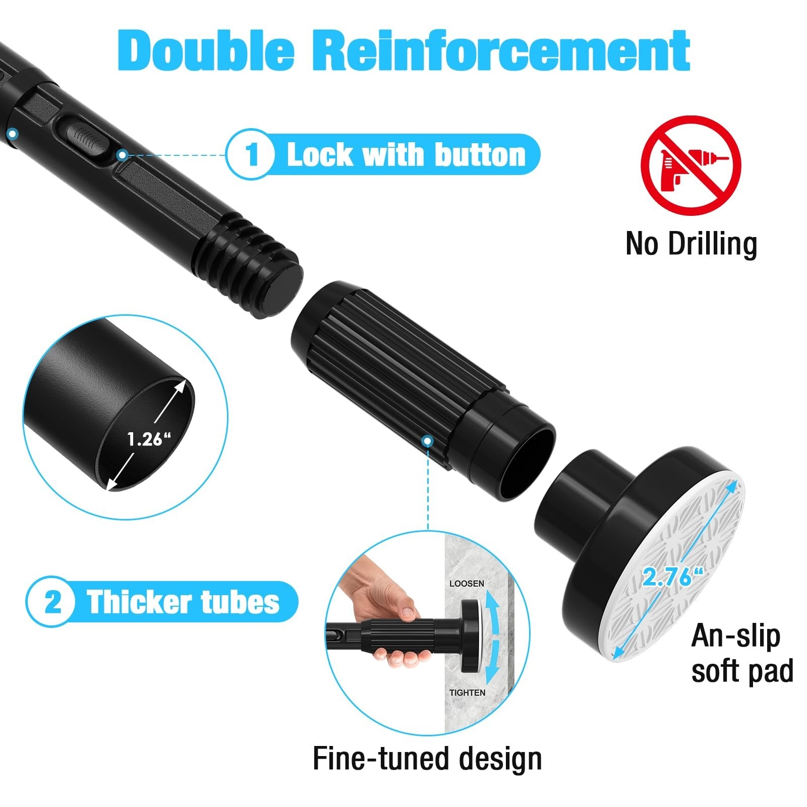 Mexau black tension curtain rods for windows, adjustable heavy-duty tension rods measuring 41-185 inches, mounted on a window.
