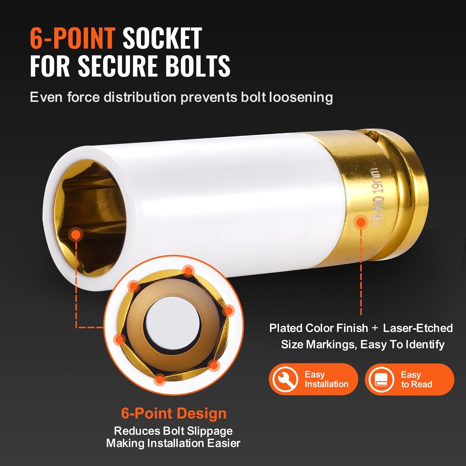 VEVOR 9-piece 1/2 inch drive impact socket set with metric and SAE 6-point lug nut sockets displayed on a workbench.