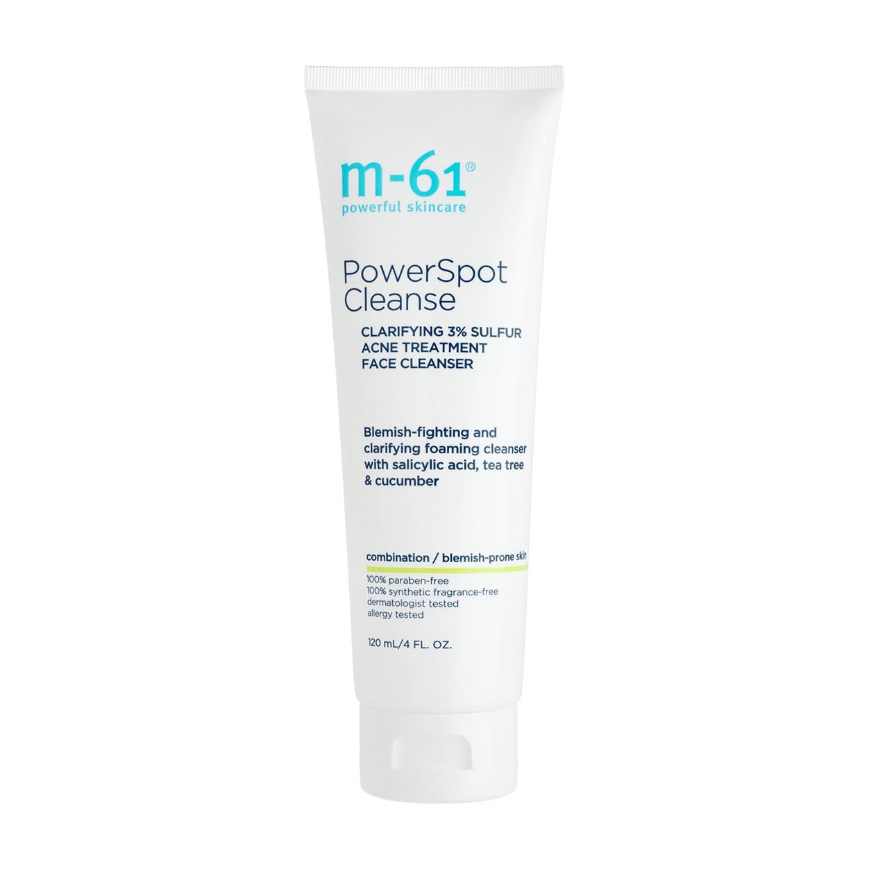 m-61 PowerSpot Cleanse clarifying acne-fighting cleanser with 3% sulfur and glycol, shown in a pump bottle.