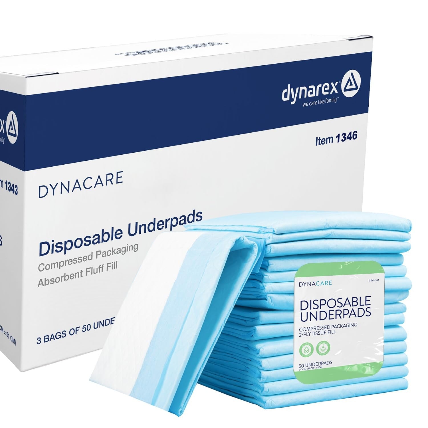 Dynarex disposable underpads for incontinence, medical-grade bed pads with waterproof backing and absorbent top layer.