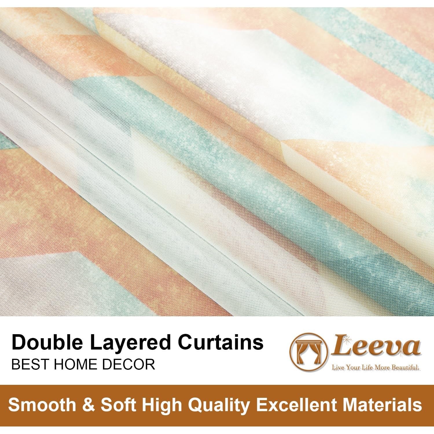Leeva linen textured double-layered curtains with geometric print, offering privacy and stylish window coverage.