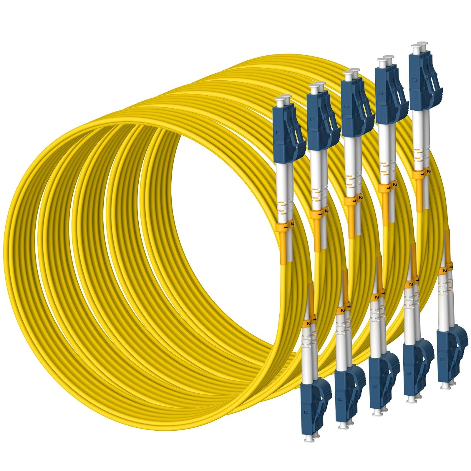FiberGaga 10M OS2 LC to LC duplex fiber patch cable, singlemode 9/125µm, 2.0mm diameter, showing connectors and cable length.