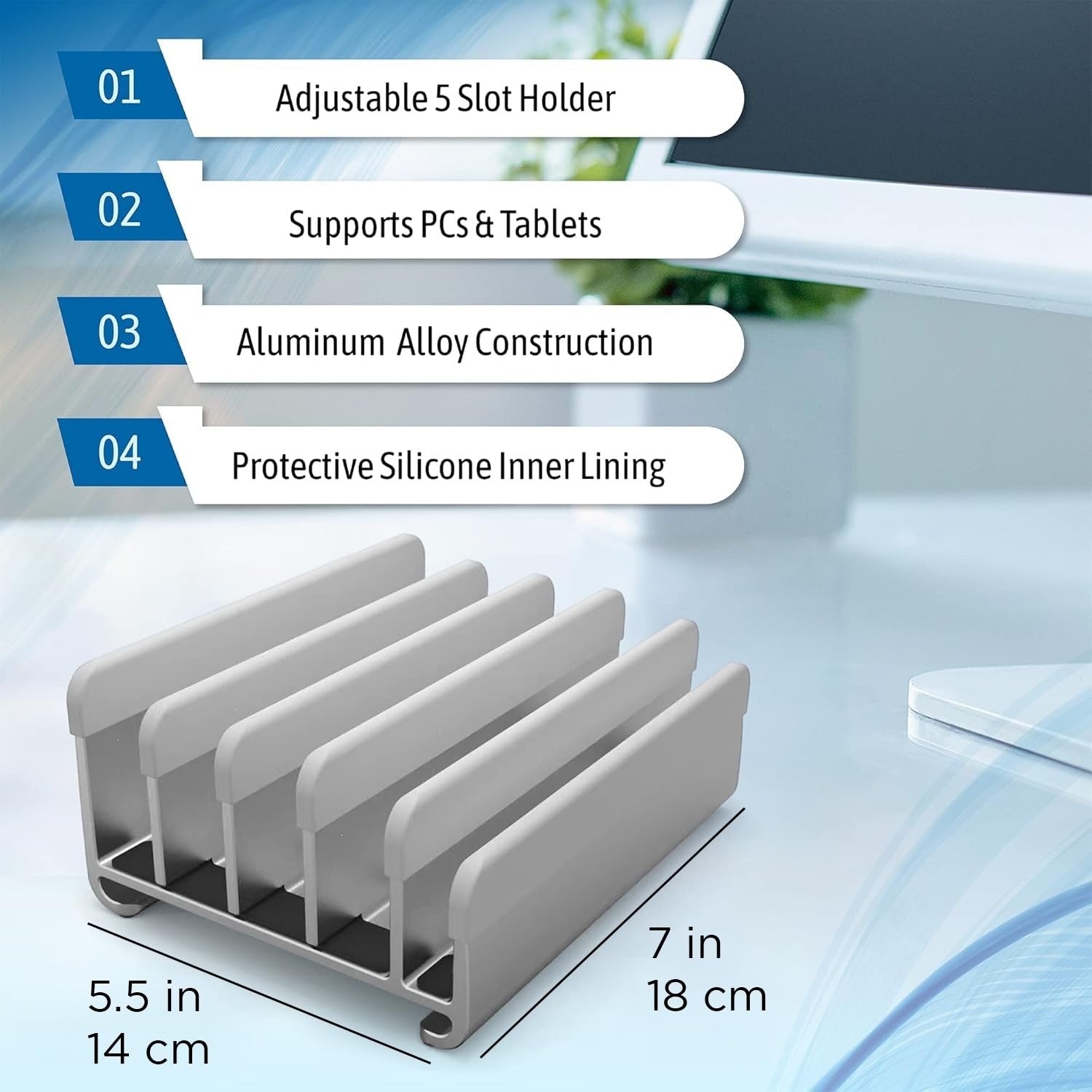 Elestoria 5-slot vertical aluminum laptop stand with slots to hold laptops upright, showcasing its sleek modern design and sturdy construction.