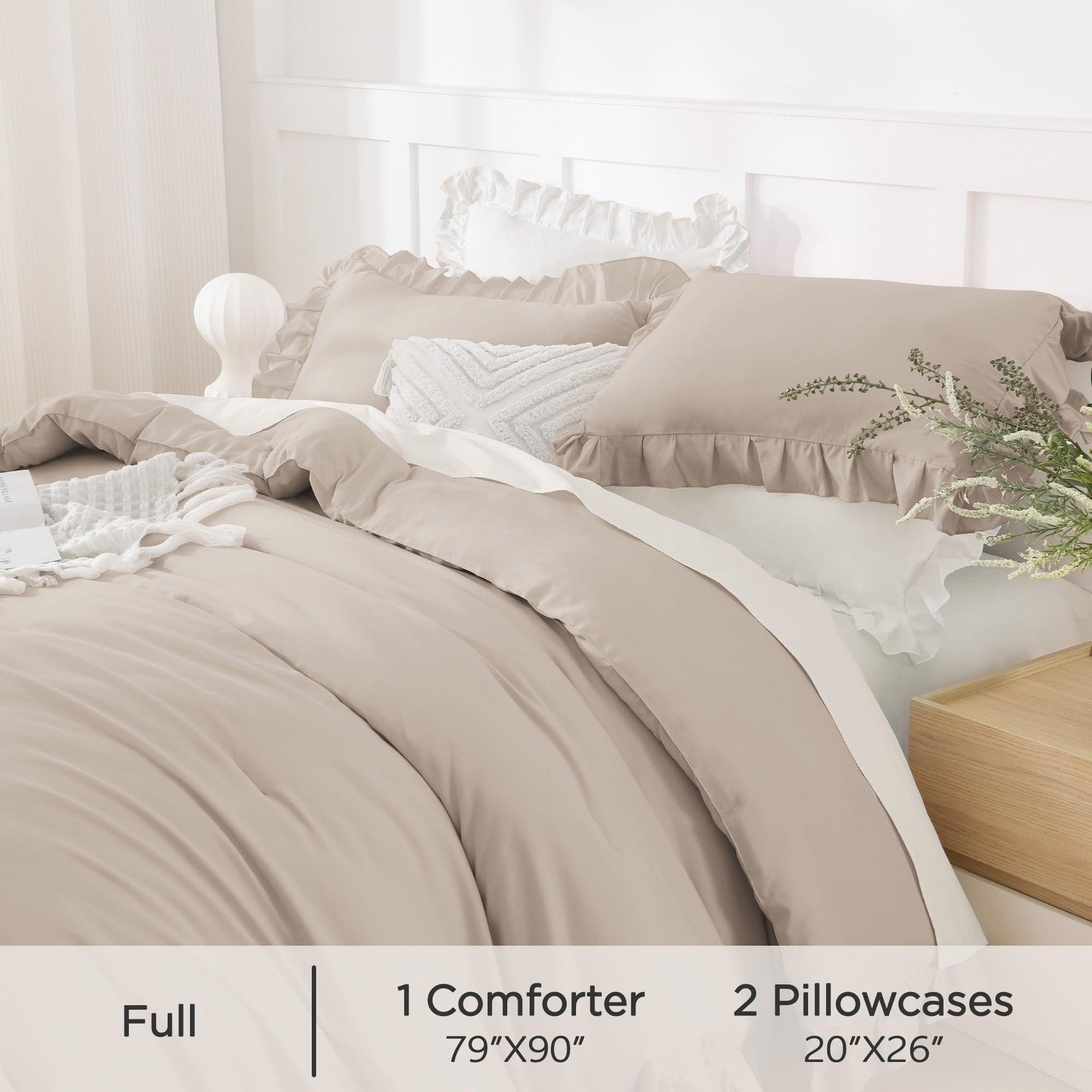 Andency khaki farmhouse comforter set with ruffle details, includes full-size comforter and matching pillow shams in shabby chic style