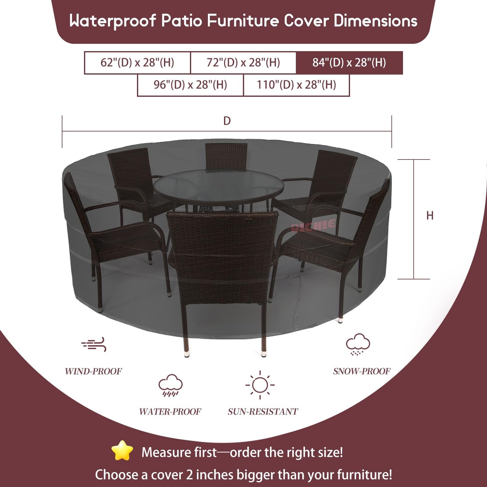 RICHIE waterproof round patio furniture cover made of 600D UV-resistant fabric, designed to protect outdoor furniture from weather.