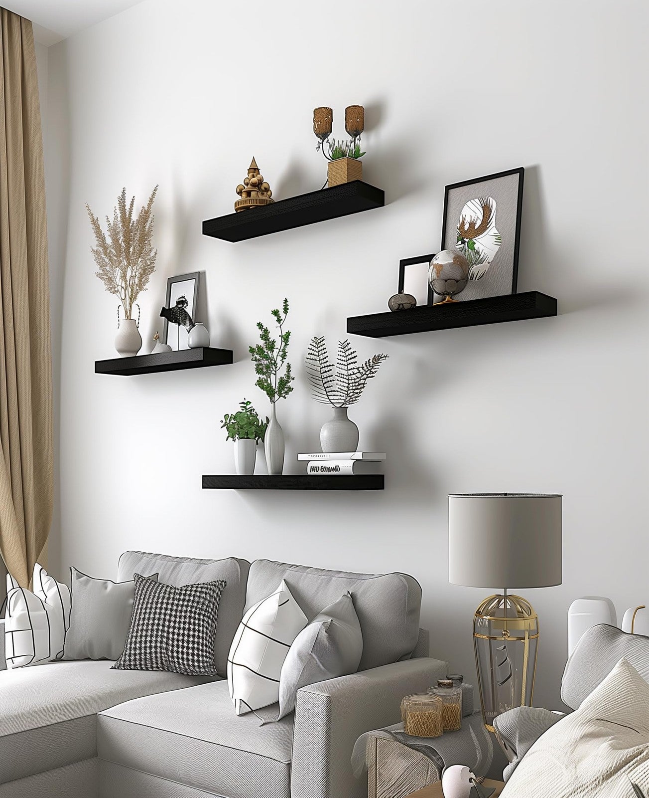 PHPH wood floating shelves set of 6 in black, 17-inch wall shelves for bedroom decor, shown mounted on a wall.