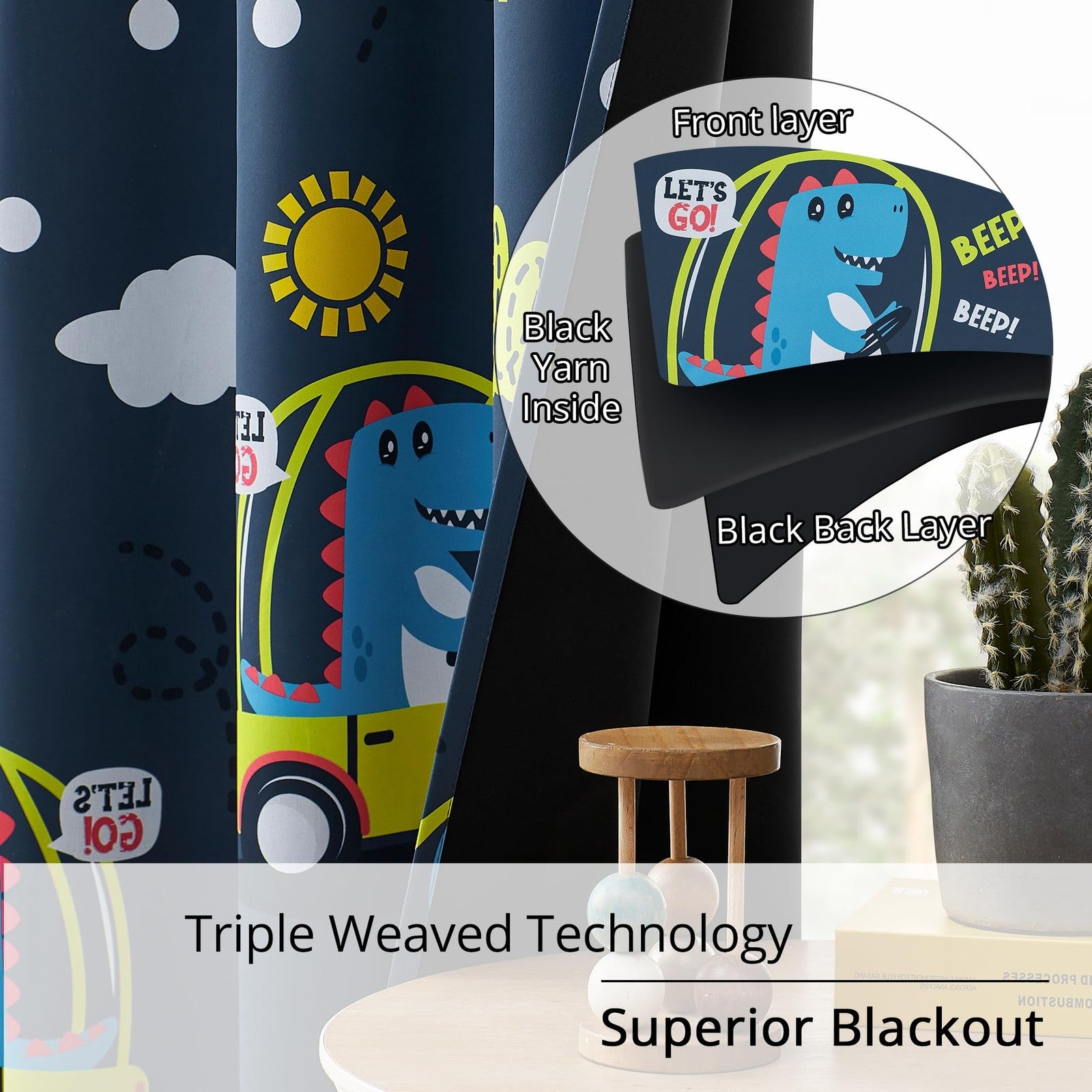 BOHOMOCASA Kids Dinosaur Blackout Curtains, 2 panels, W52 x L84, 100% blackout fabric with dinosaur print for kids' room decor.