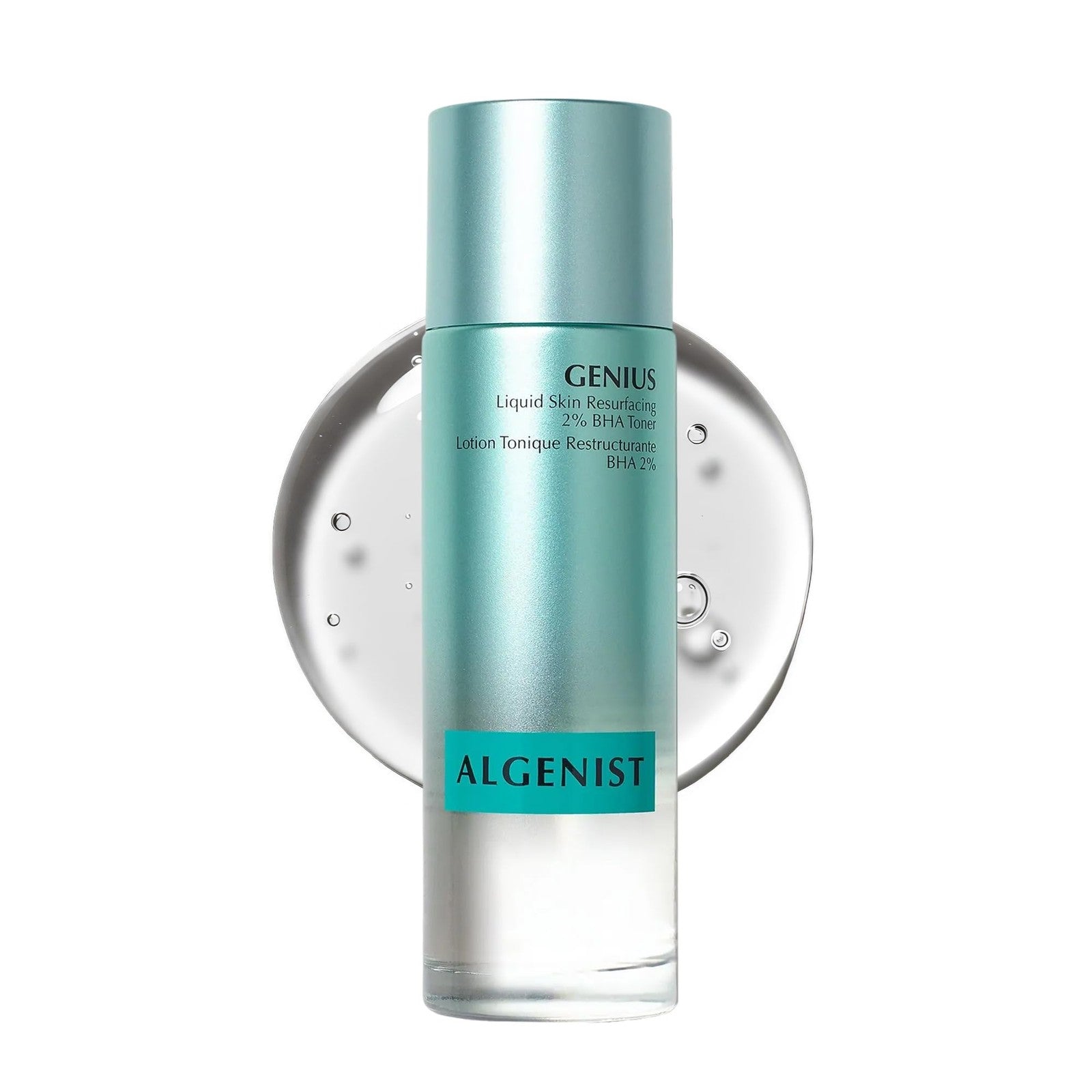 Algenist Genius Liquid Skin Resurfacing Face Toner with 2% BHA, a gentle exfoliating liquid for smoother skin.