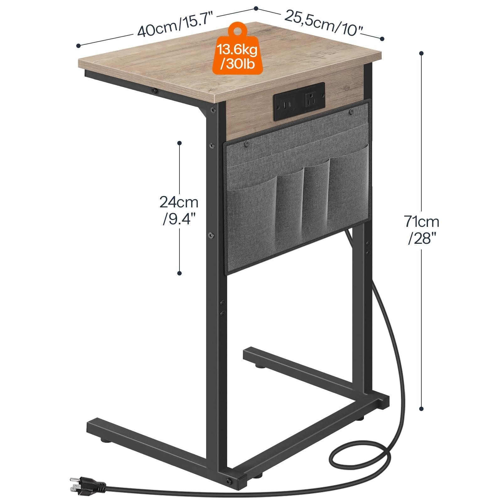 HOOBRO C-shaped end table with charging station, 28-inch tall couch table with surface and built-in power outlets for convenient charging.