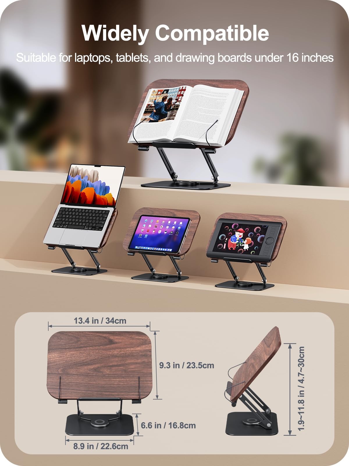 MOKURU adjustable book stand for reading, foldable and 360° rotatable book holder, supporting various book sizes.