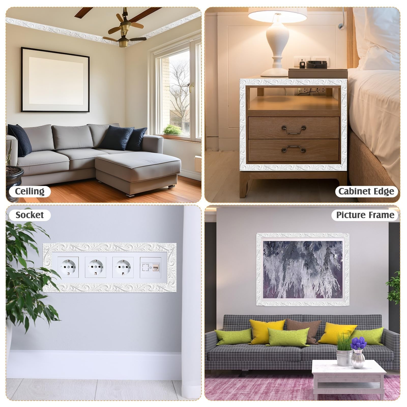 Sacubee Peel and Stick PVC crown molding trim, flexible, 13.1 ft length, shown in a home interior setting.