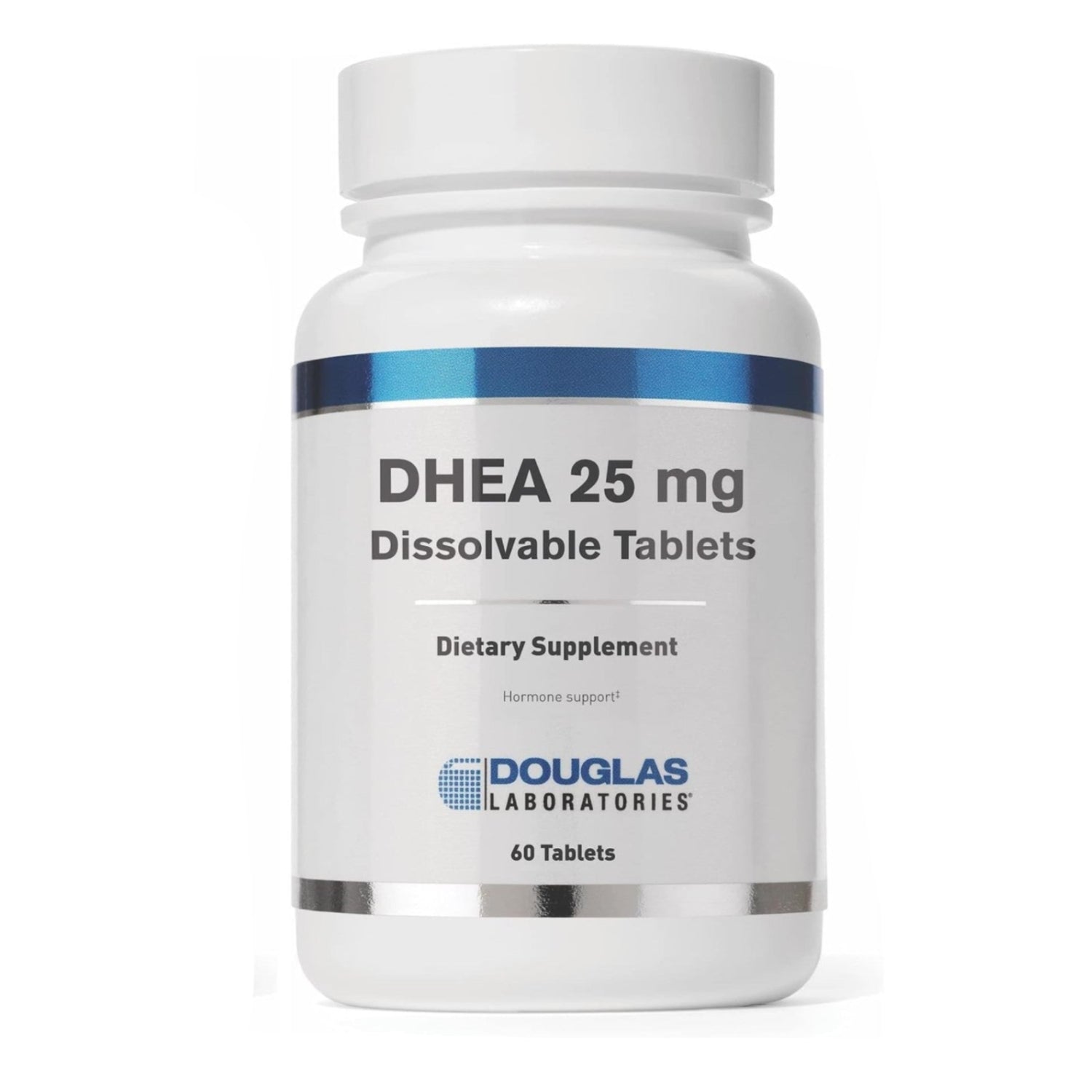 Douglas Laboratories DHEA 25 mg dissolvable tablet showing the supplement tablet on a white background.