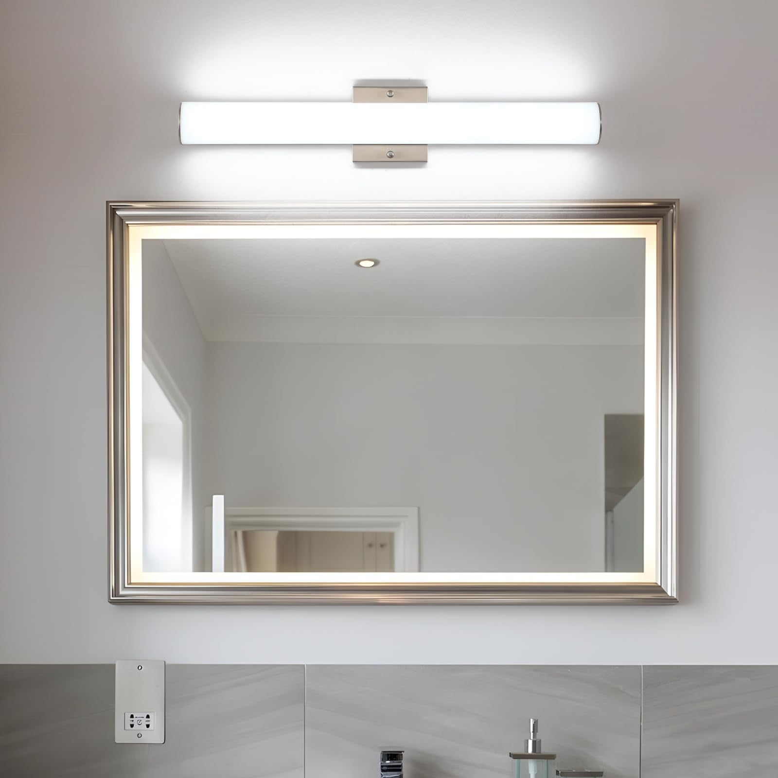 Bicrink brushed nickel vanity light fixture with 24-inch LED bath light and 24W bulb, modern bathroom lighting design