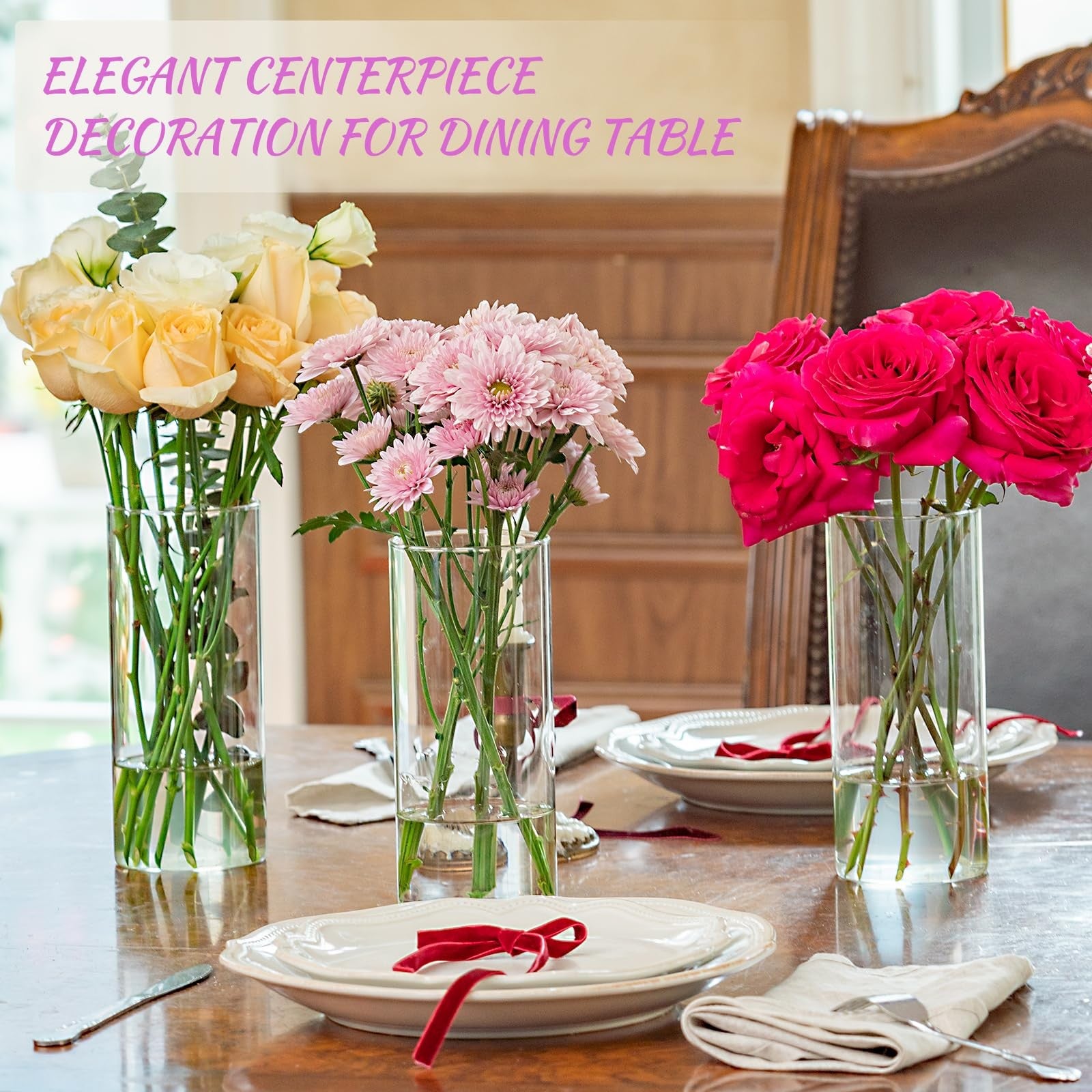 Seven tall glass cylinder vases by DYMFADFB, 8 inches high, perfect for centerpieces, clear and sleek for floral arrangements.