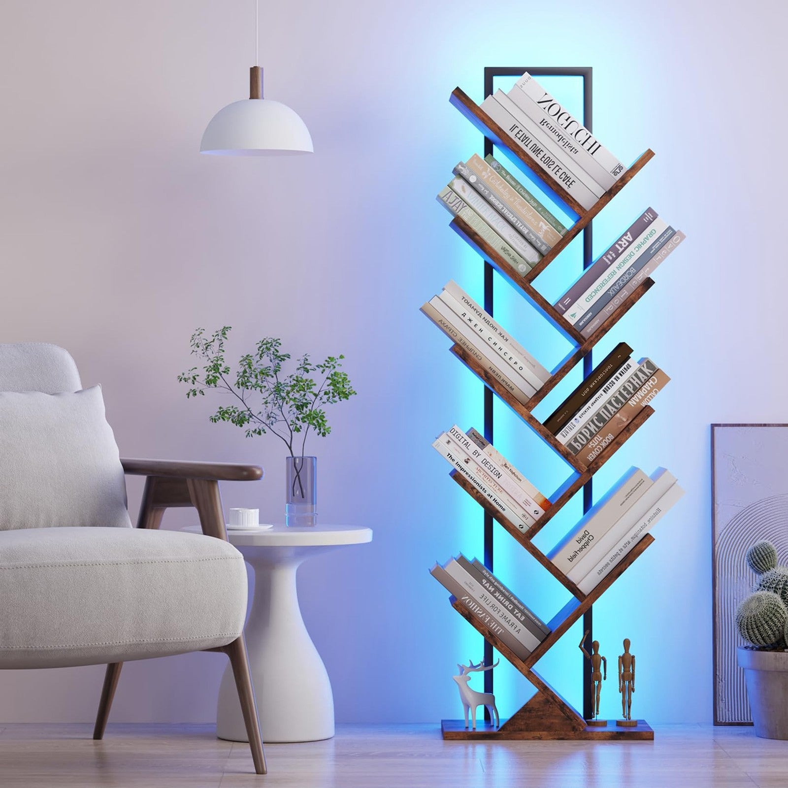 Qupui 9-tier tree-shaped wooden book shelf with LED lights, classical floor-standing bookcase for home or office storage.