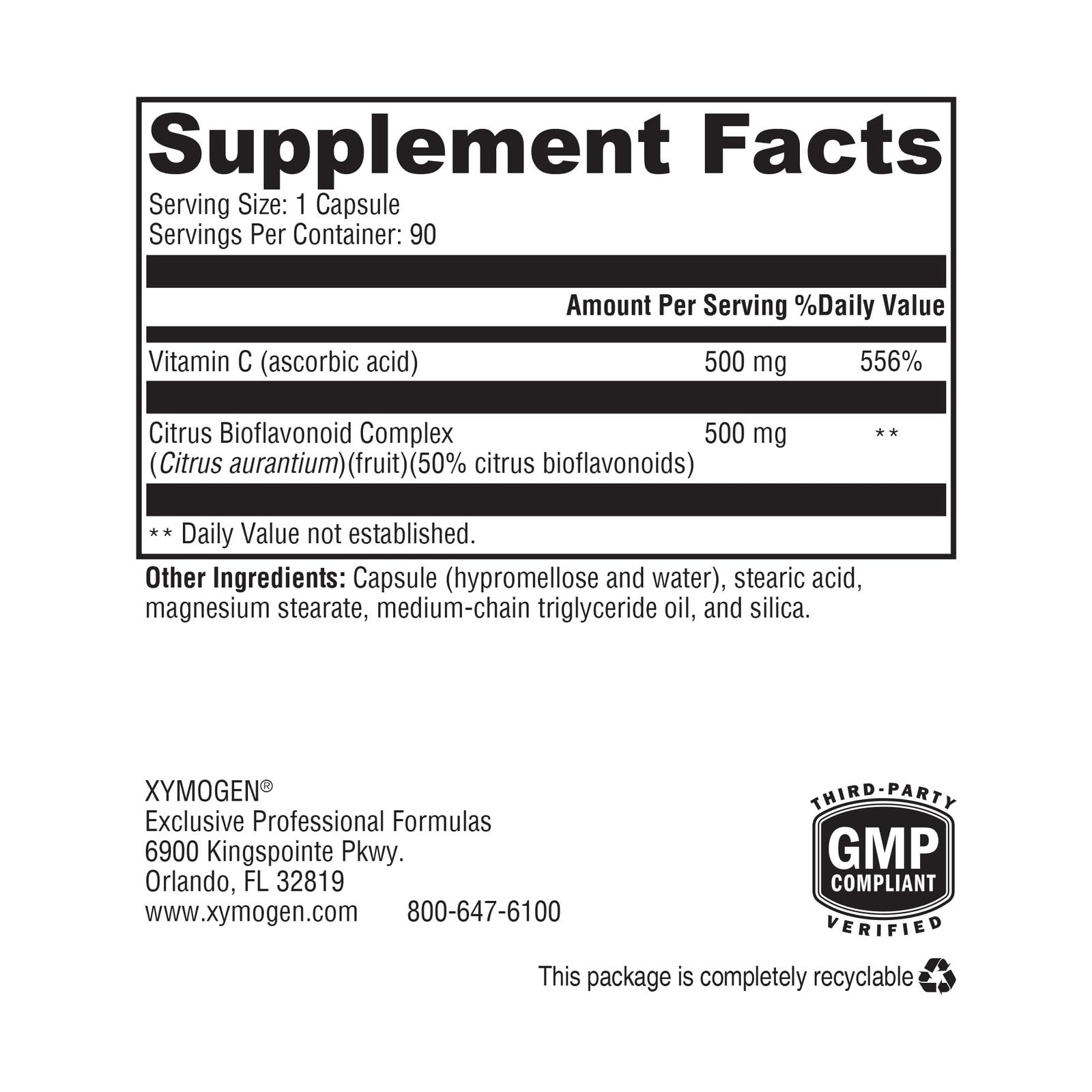 Vitamin C supplement bottle labeled Xymogen Bio C 11 with citrus bioflavonoids, designed to support the immune system.