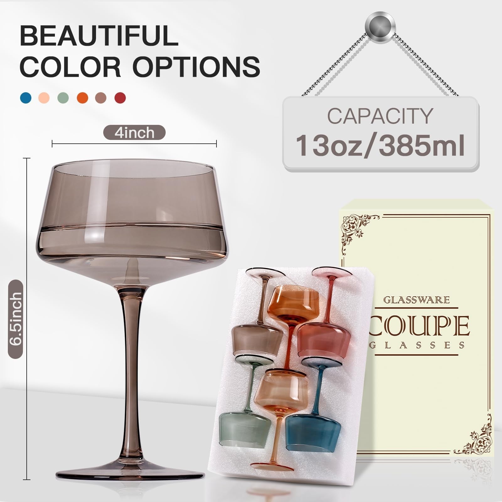 Six colorful hand-blown coupe glasses by JOVGANK, 13 oz martini glasses with vibrant rainbow hues, perfect for entertaining.