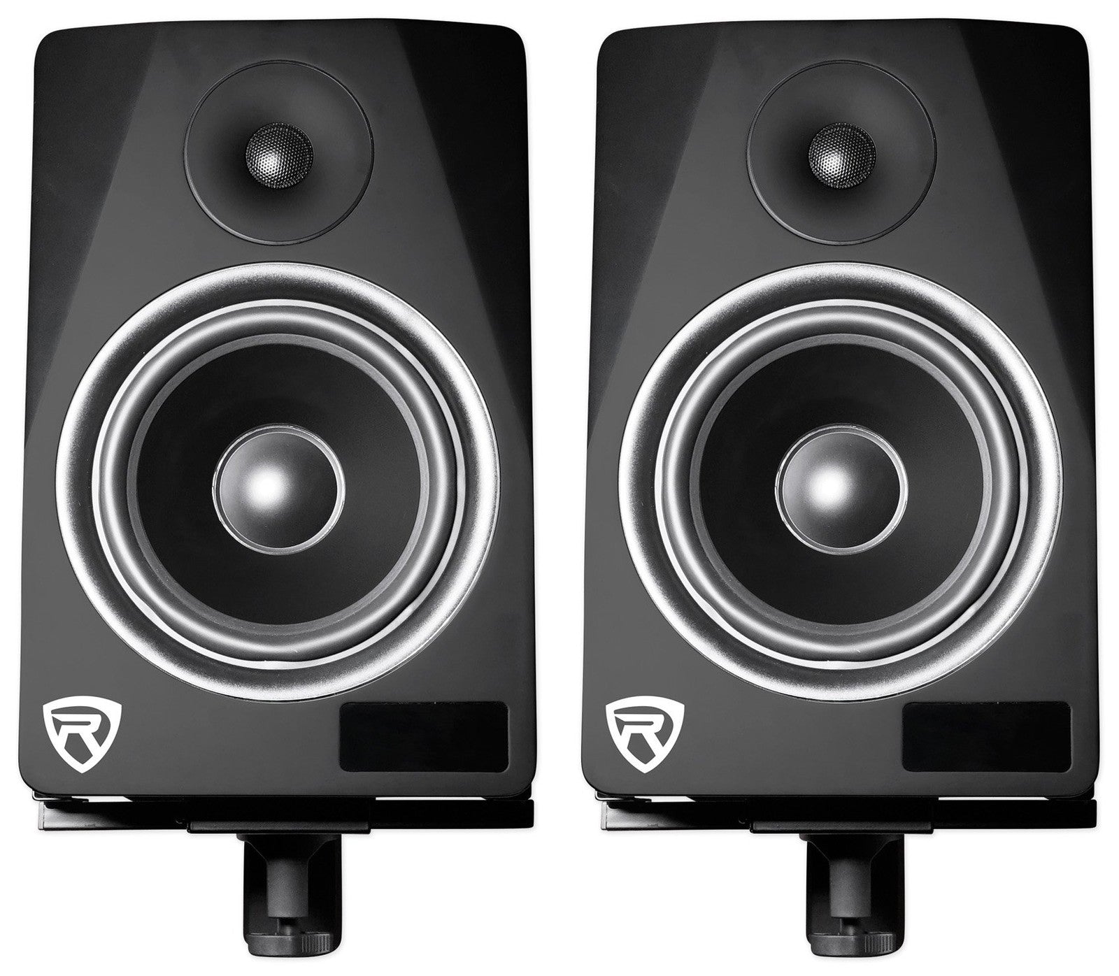 Pair of Rockville RHSB8 adjustable wall mount speaker brackets with 180-degree swivel for secure, flexible speaker positioning.