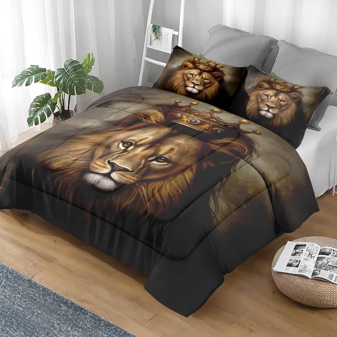 Pamnest King Lion Golden comforter set with matching pillowcases and sheets, soft bedding for kids in queen size.