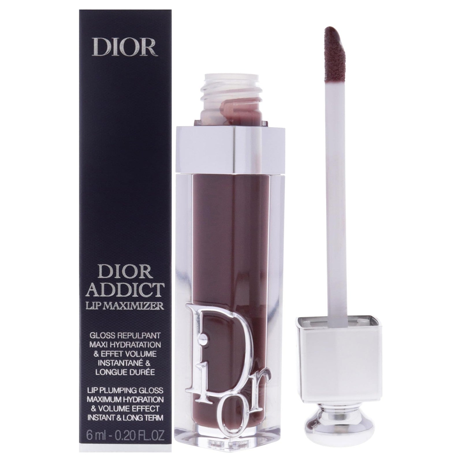 Christian Dior Addict Lip Maximizer in shade 020 Mahogany, featuring the lip gloss tube with applicator and glossy finish.