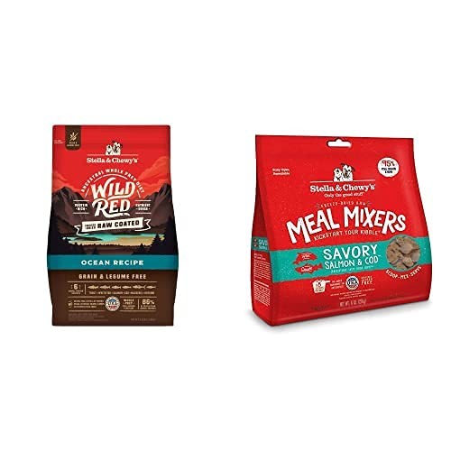 Stella & Chewy's Wild Red Raw Coated Kibble Dry Dog Food Grain-Free Ocean Recipe with kibble pieces and fish ingredients
