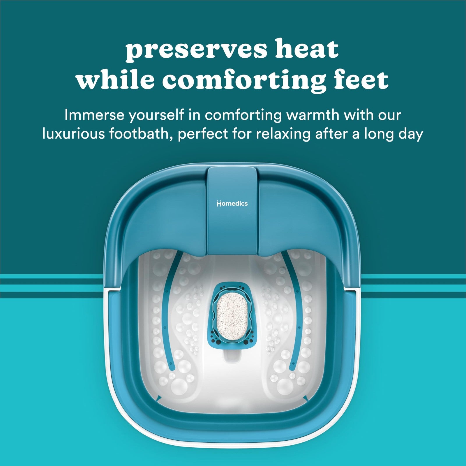 Homedics Smart Space Bubble Mate collapsible foot spa with bubble jets and heat-maintaining design, shown in an open position.