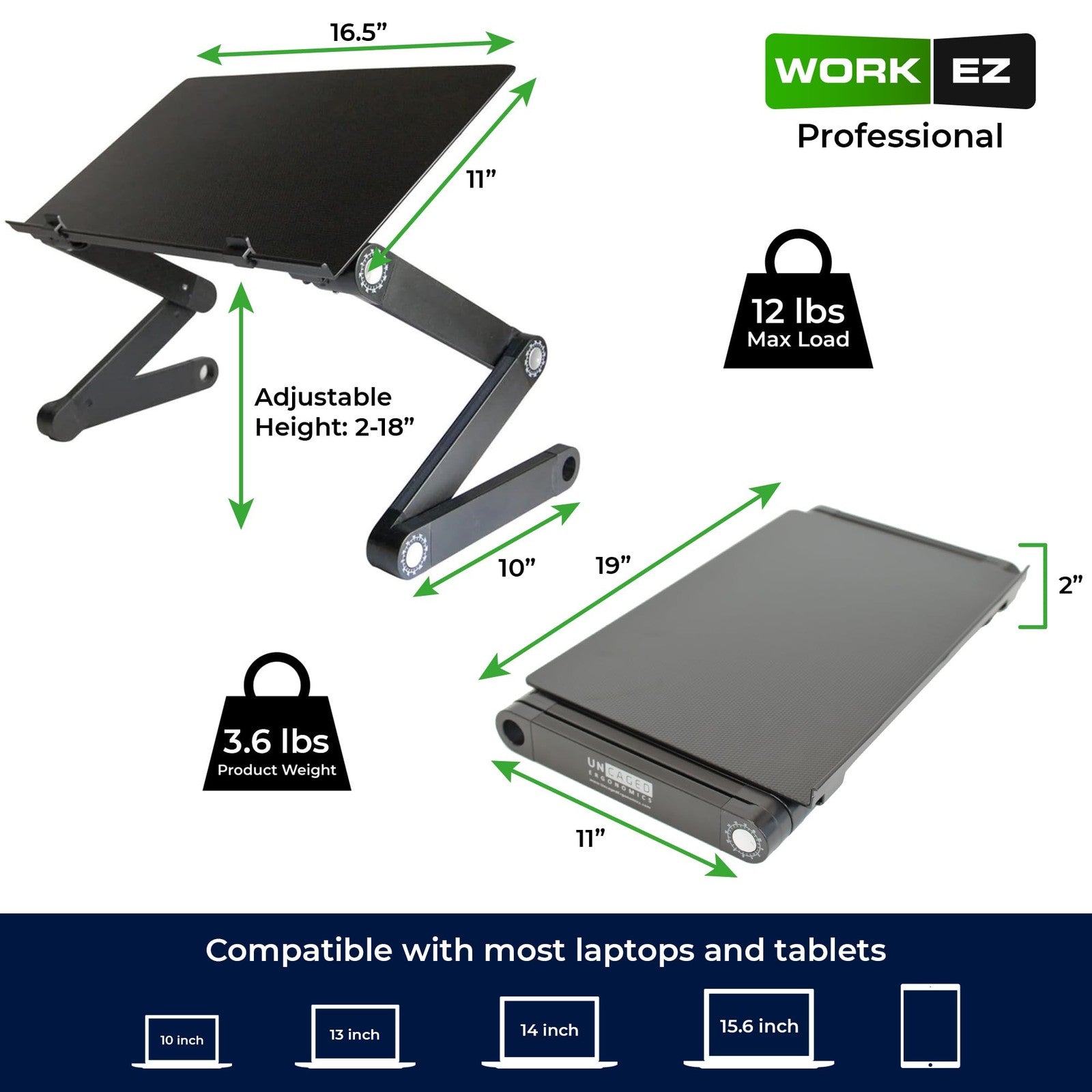 Uncaged Ergonomics WorkEZ adjustable laptop stand with a sleek design, featuring adjustable height and a sturdy platform for ergonomic use.