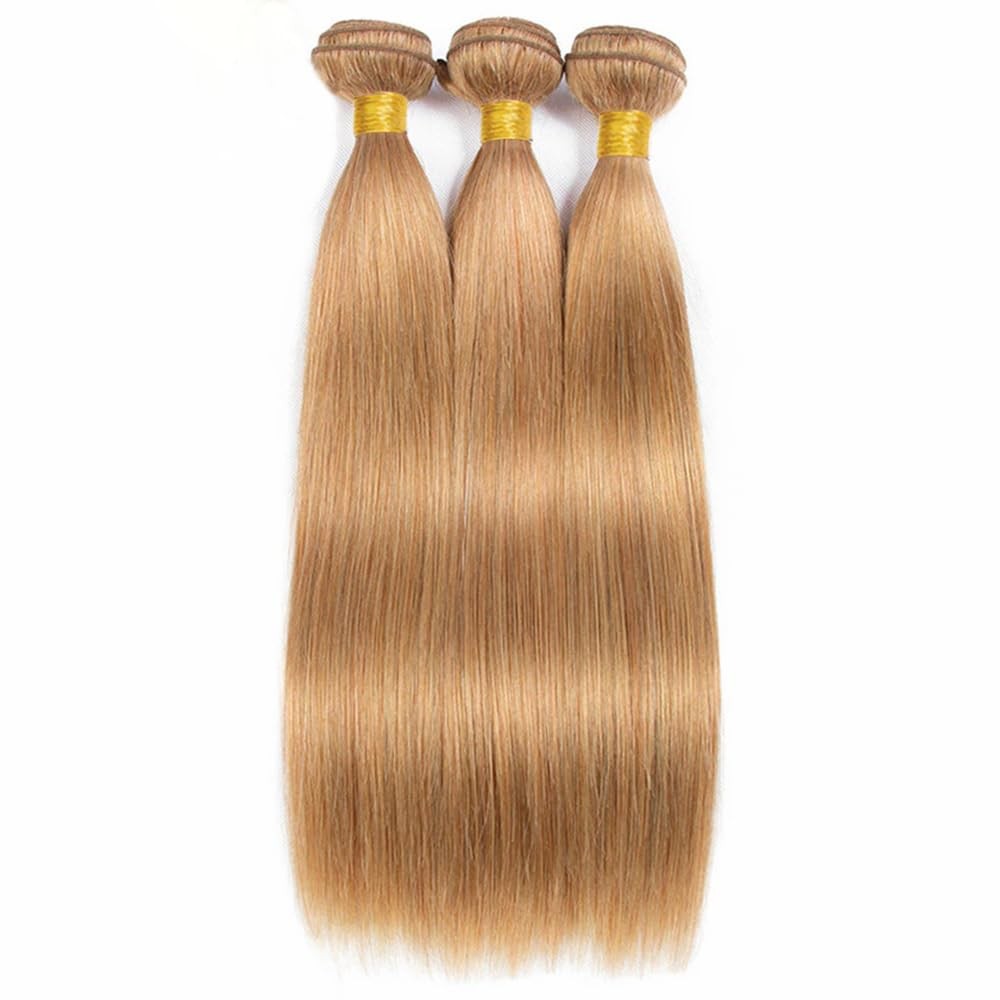 Biliisyff honey blonde human hair color #27 straight bundles with double weft for weave extensions, natural and smooth texture.
