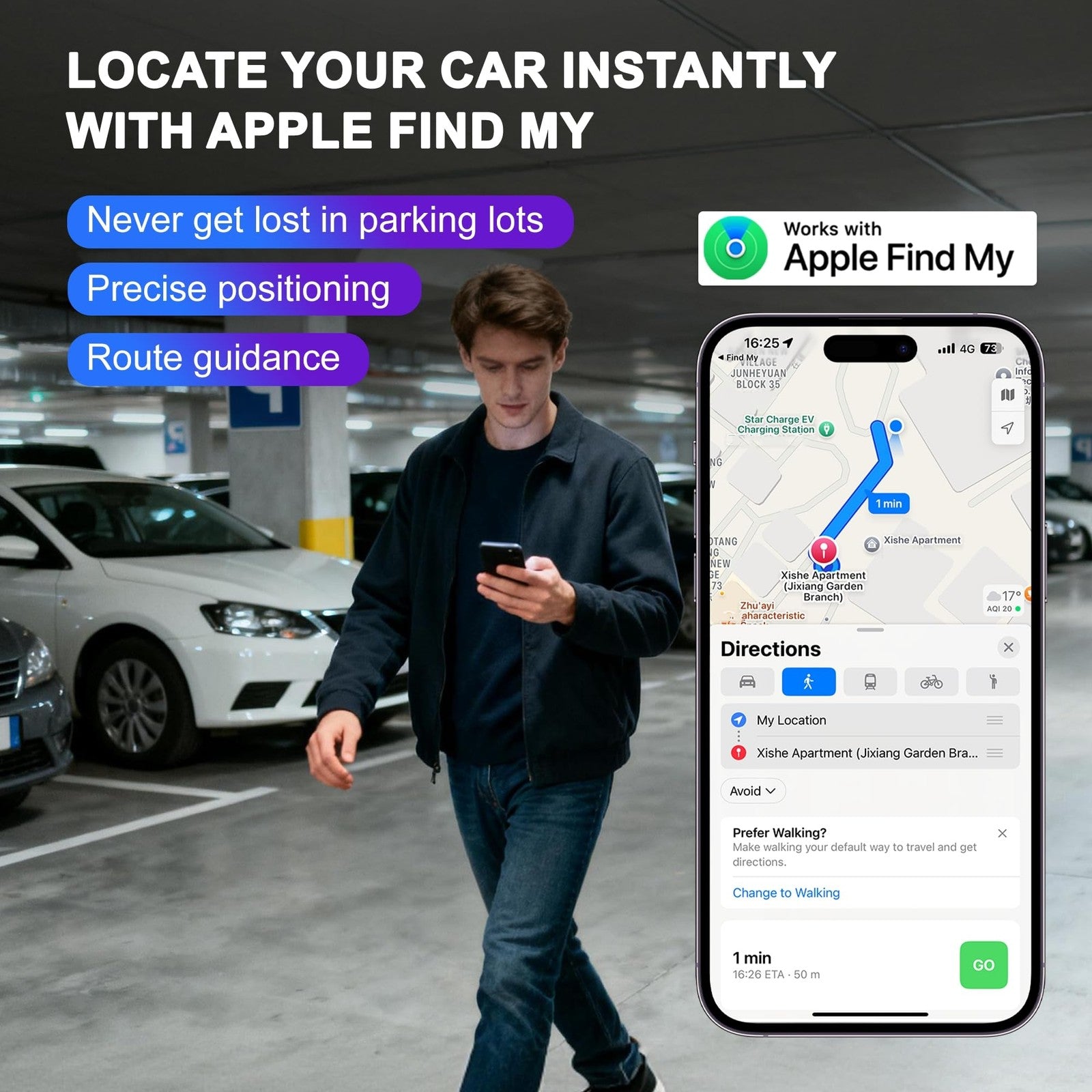 Gudluky 15W fast wireless car charger with integrated air tracker tag and GPS, compatible with iOS devices, mounted in a vehicle.