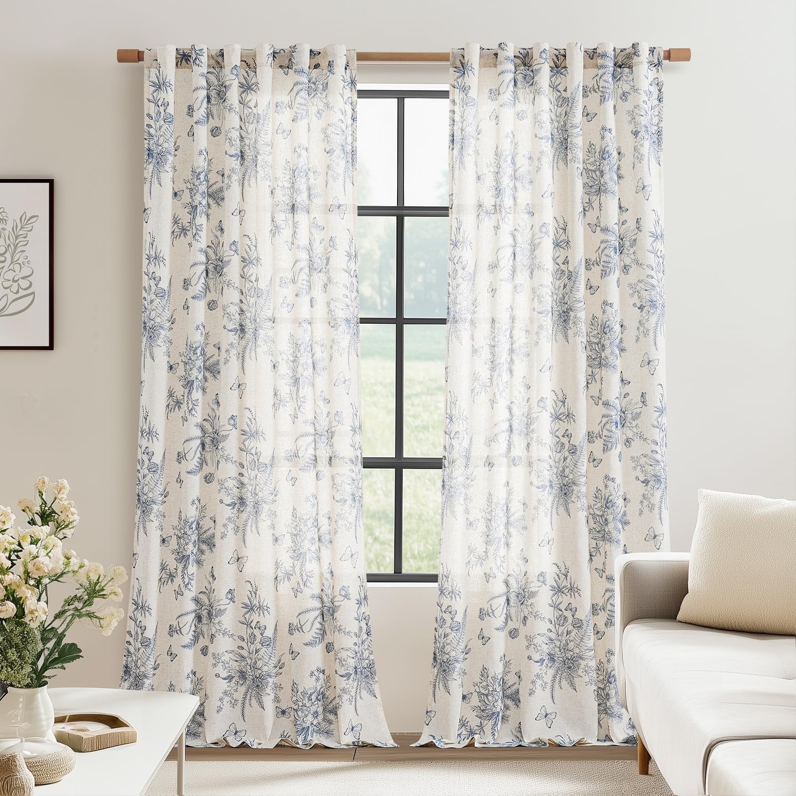 Jinchan linen floral curtains for living room, 96 inches long, blue farmhouse style window drapes with floral pattern.