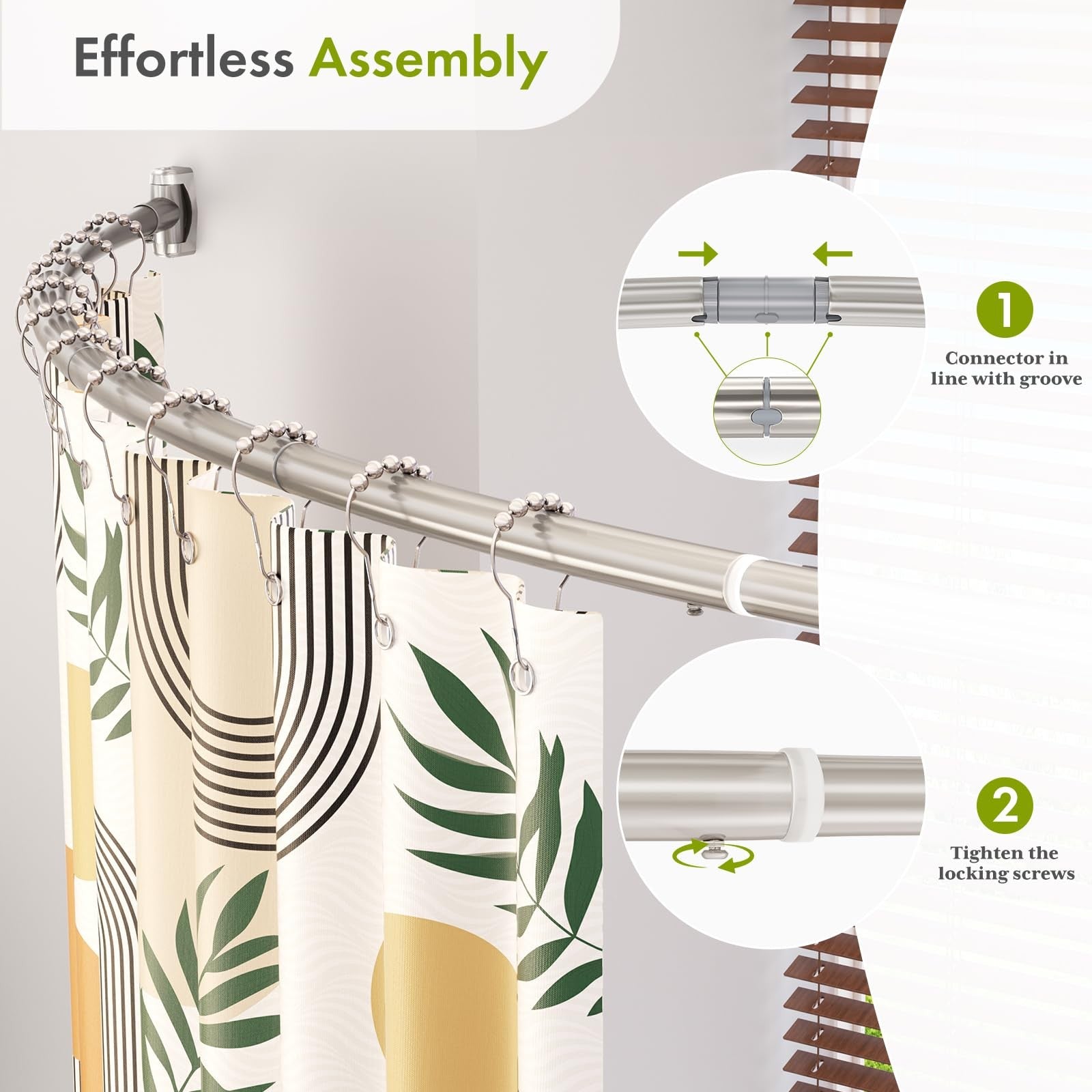 AzerBath heavy-duty arched curved shower curtain rod measuring 20-84 inches, made of metal with a polished finish.