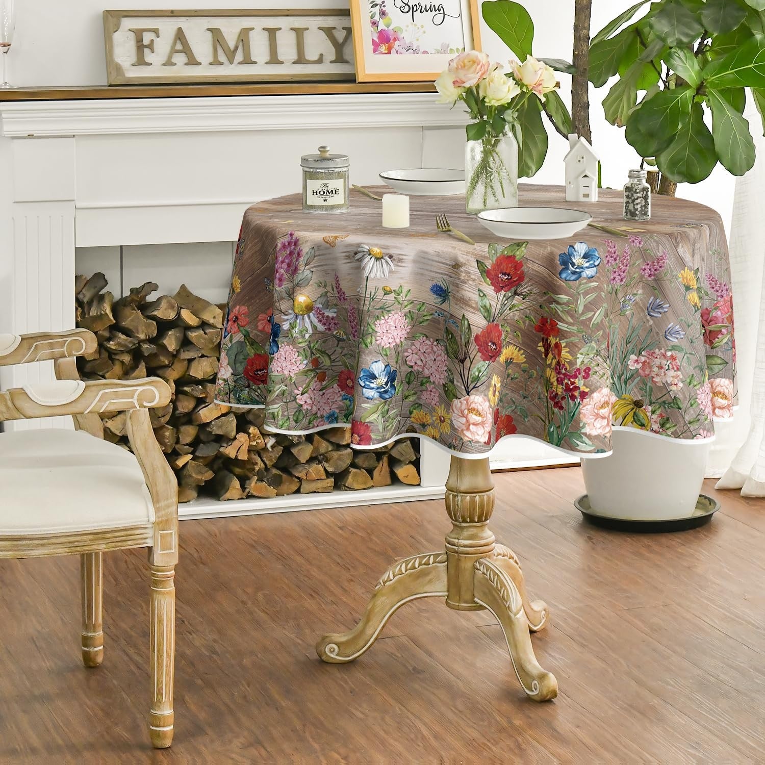 Horaldaily spring round tablecloth, 90x90 inches, with floral and brown wood grain design, washable fabric for dining decor.