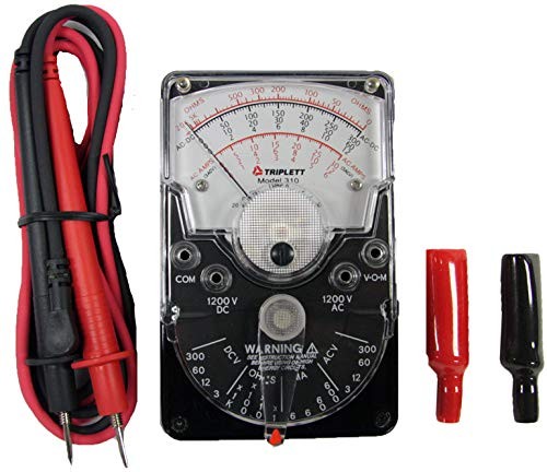Triplett 3018 Model 310 hand-sized analog multimeter measuring AC/DC voltage and DC current, with dial and test leads visible.