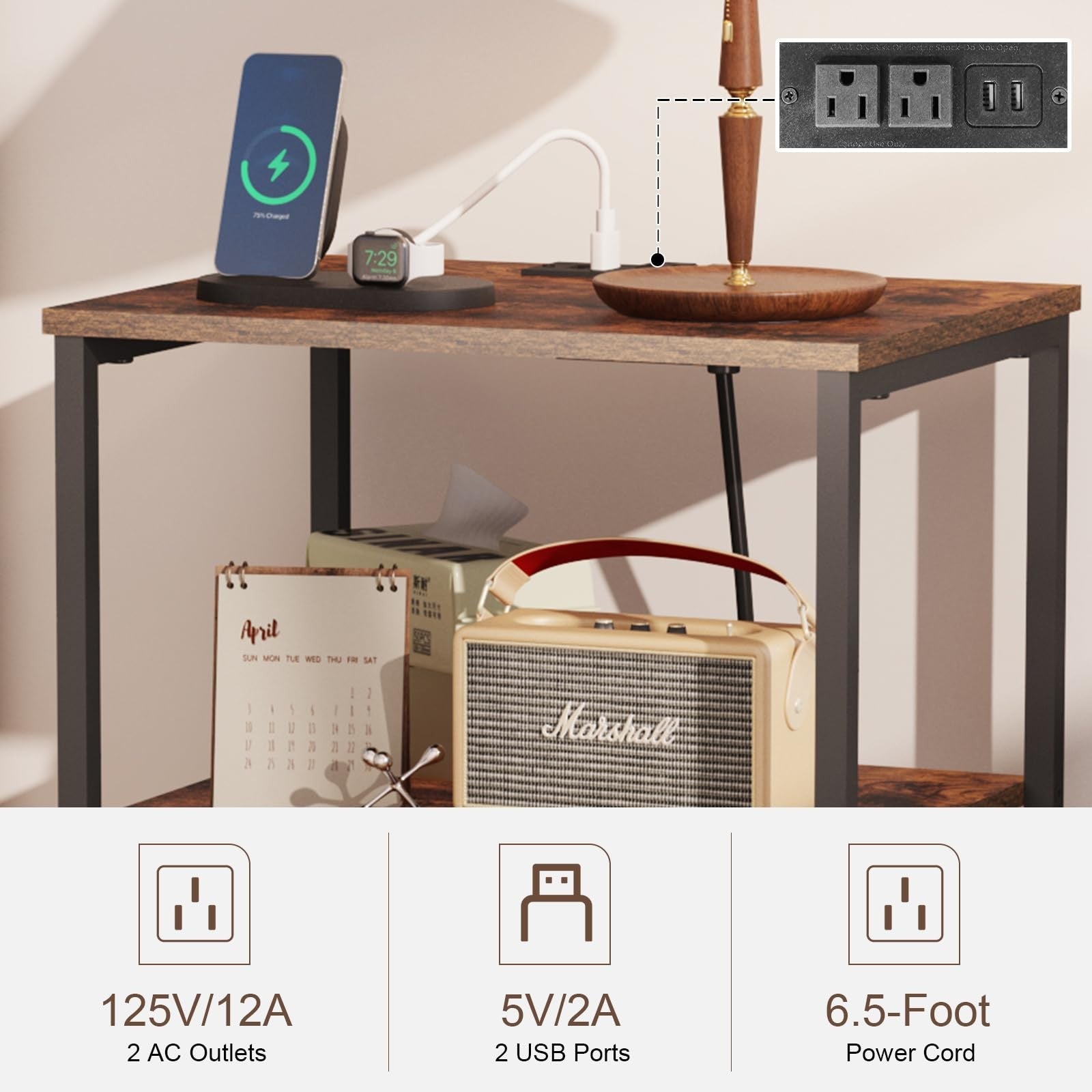 X-cosrack side table with charging station featuring USB ports and electrical outlets, wooden end table for living room or bedroom.