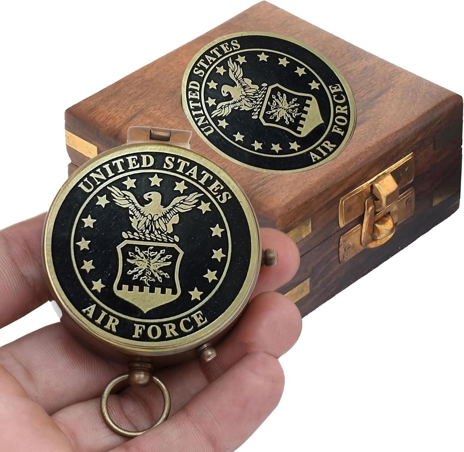 U.S. Air Force compass leather case by WOANIN, designed for military gift, with a classic leather finish and compact size.