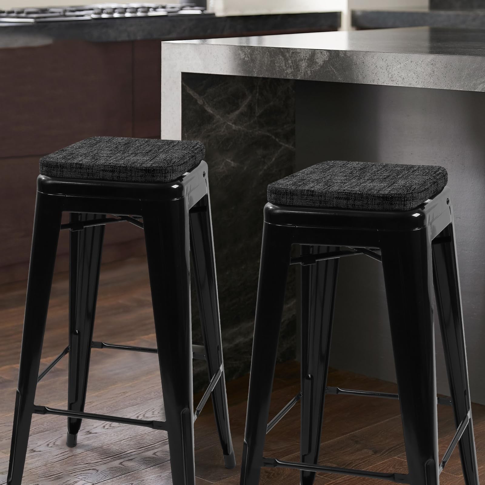 Set of four SINOSSO memory foam bar stool cushions with interwoven style design and magnetic attachments for modern seating comfort.