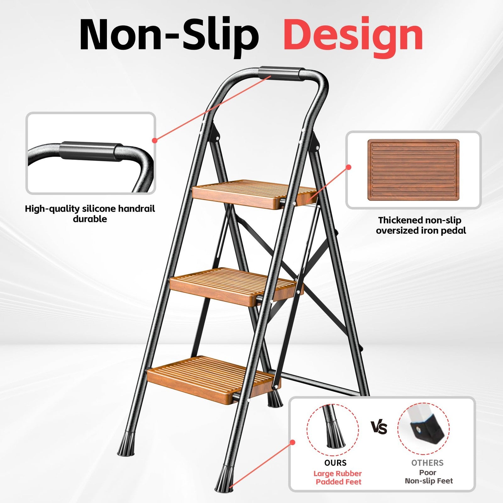 DiamondForge foldable step ladder with three steps, suitable for home and kitchen use, shown in a partially extended position.