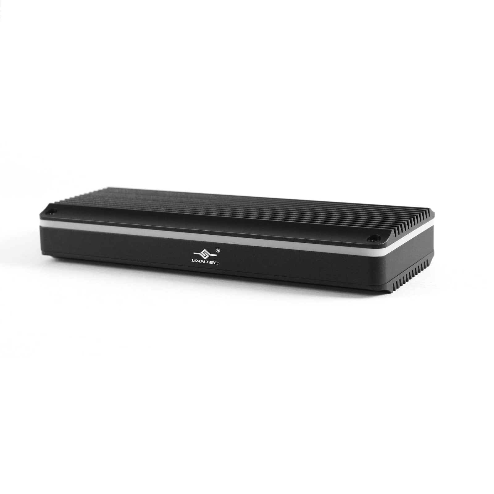 Vantec M.2 NVMe SSD to USB 3.1 Gen 2 Type C RGB enclosure in black, showing the portable SSD enclosure with RGB lighting accents.