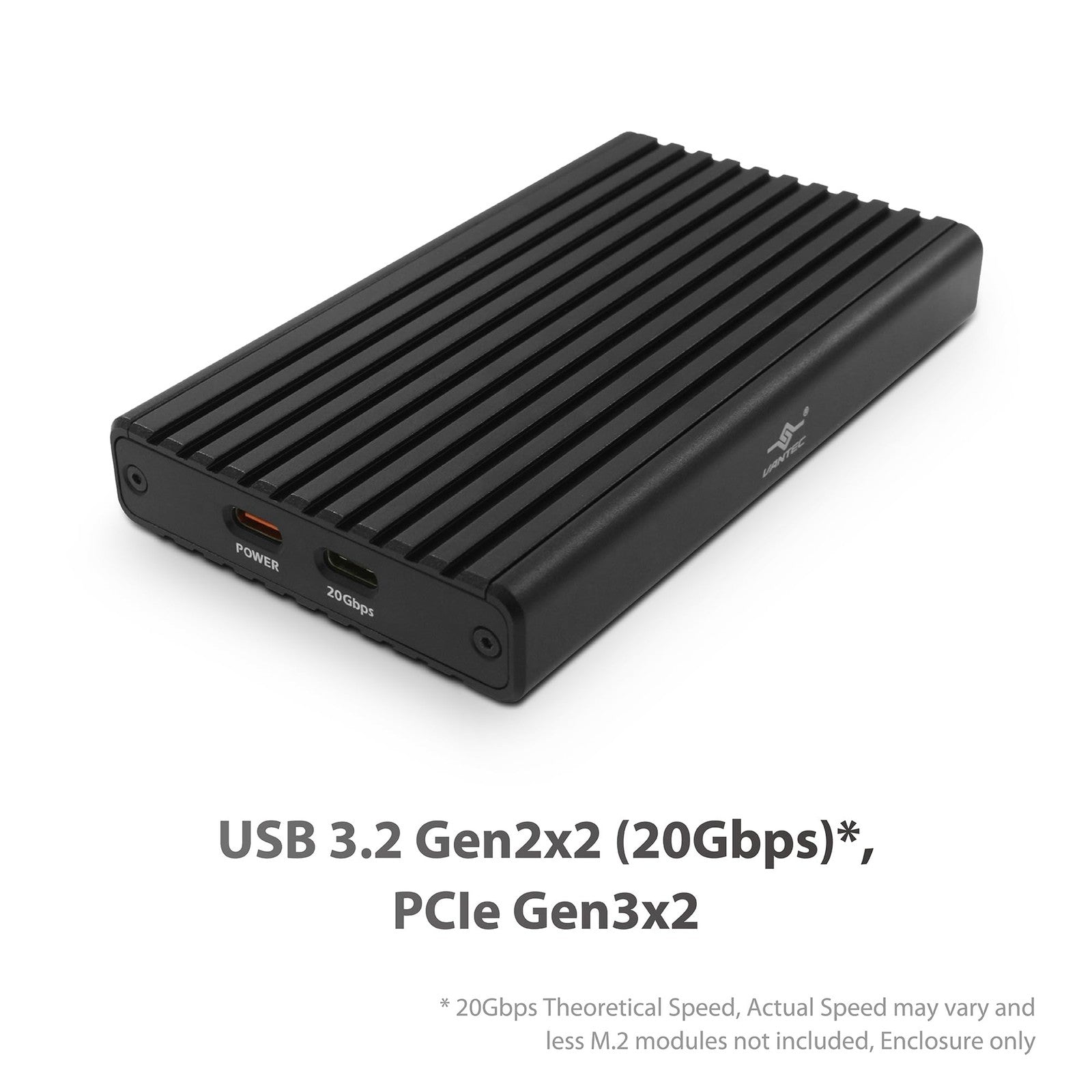 Vantec NexStar SX USB 3.2 Gen2x2 dual M.2 NVMe enclosure with USB C port, black metal housing, and LED indicator